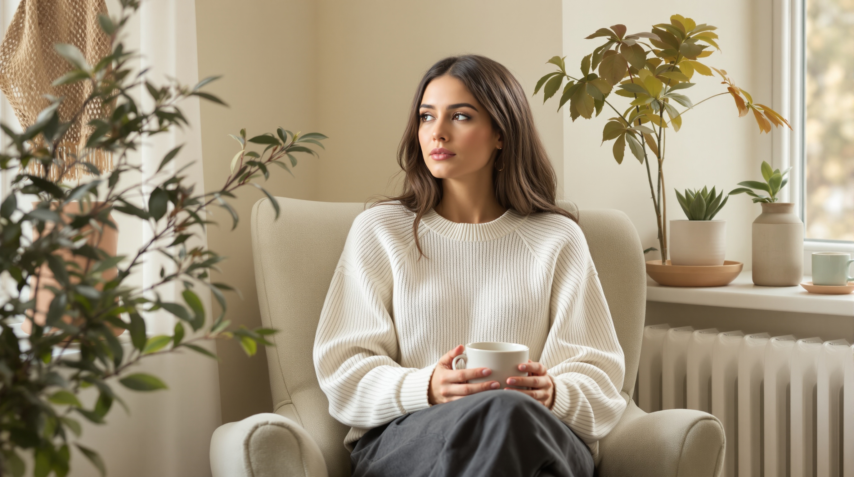 A woman sits in a linen armchair beside a bright windowsill holding a plain ceramic mug