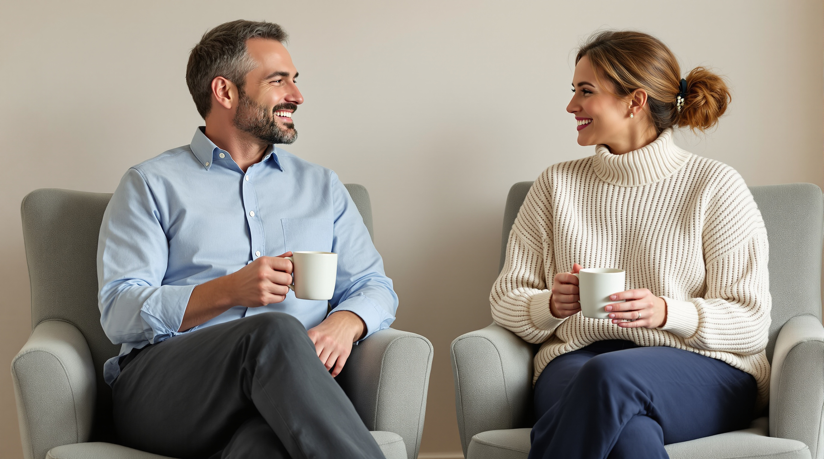 Two friends in armchairs talk over plain mugs in a quiet living room