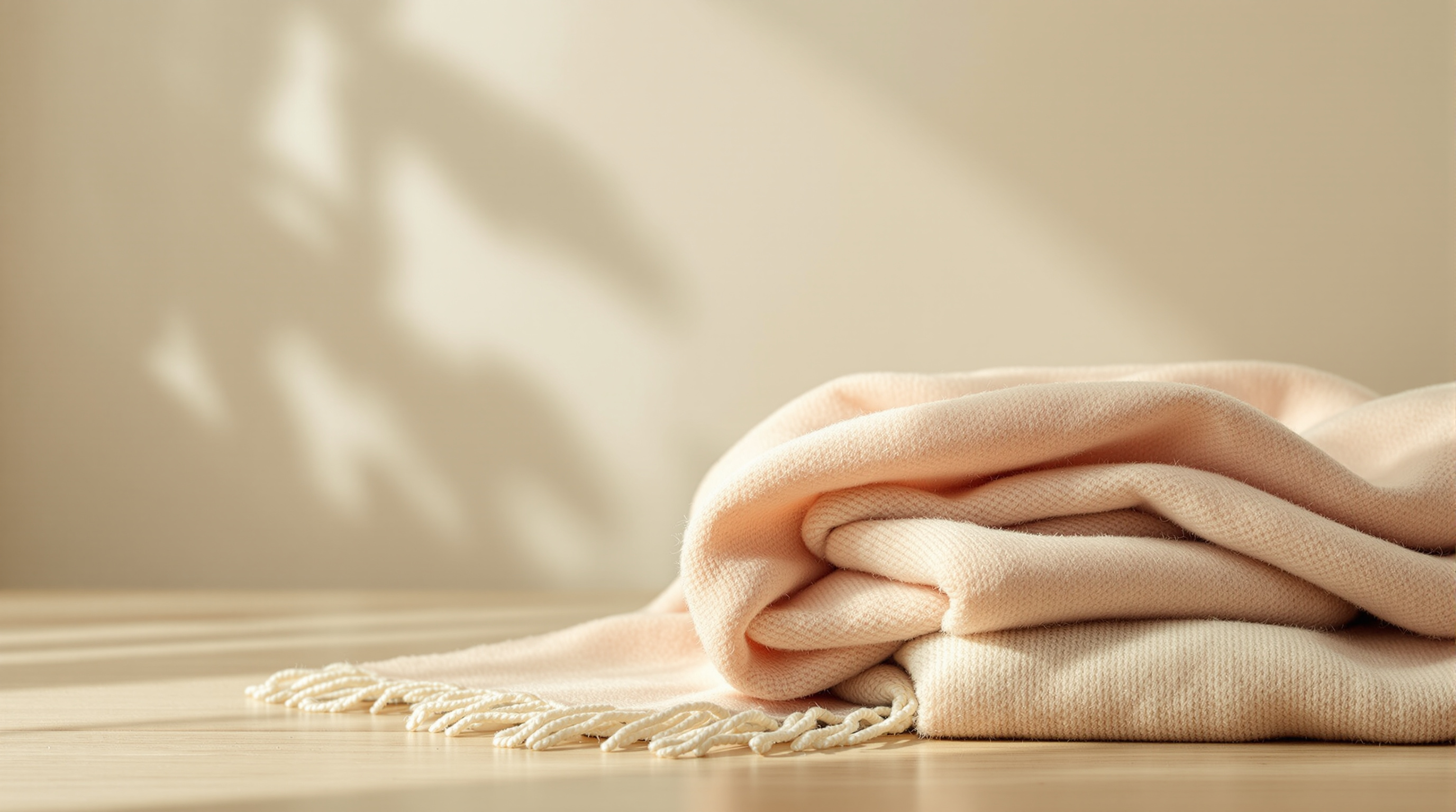 A soft wool scarf folded on bare wood, a close view