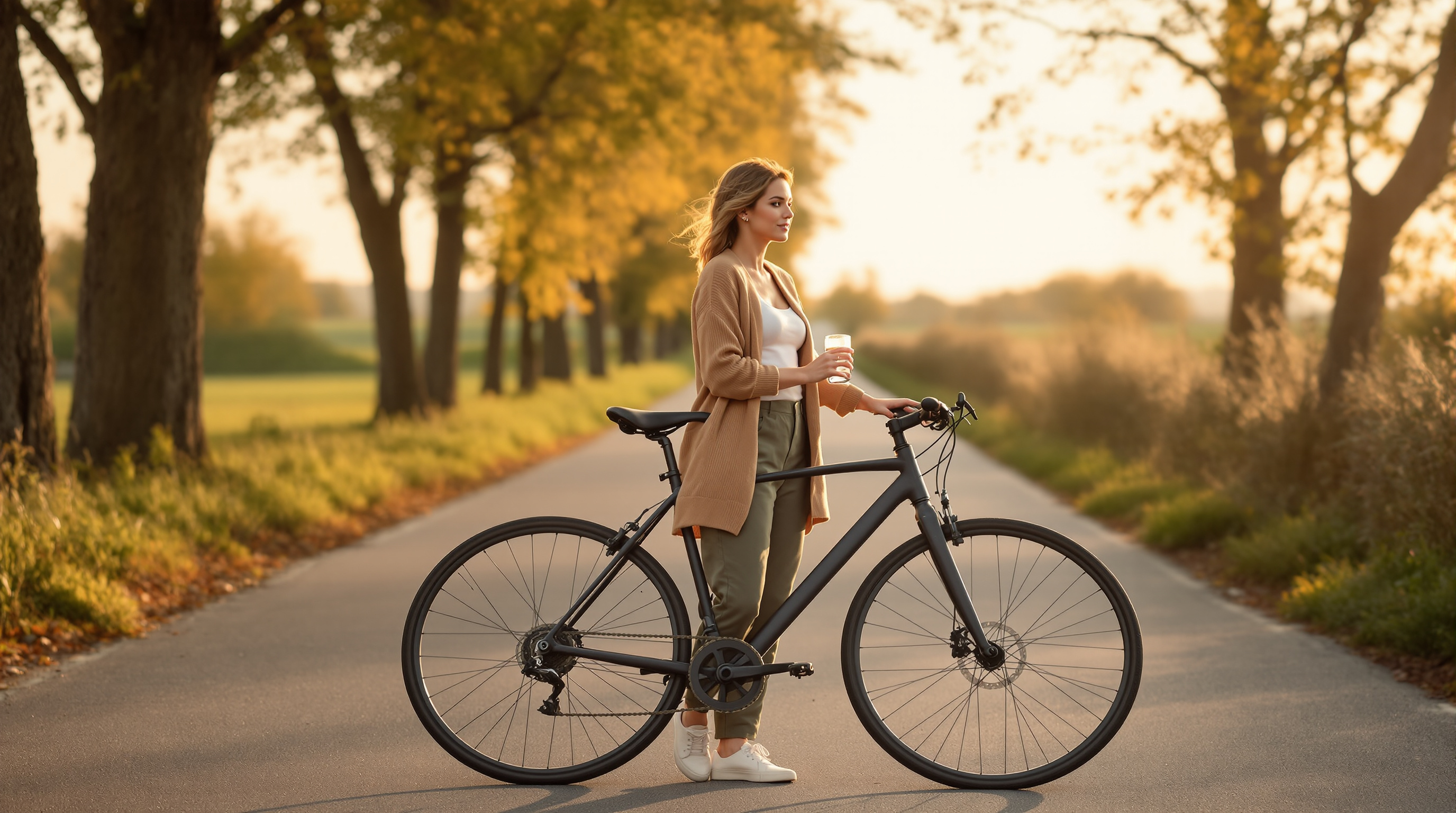 A woman stands beside a bicycle in a quiet lane with a glass of water