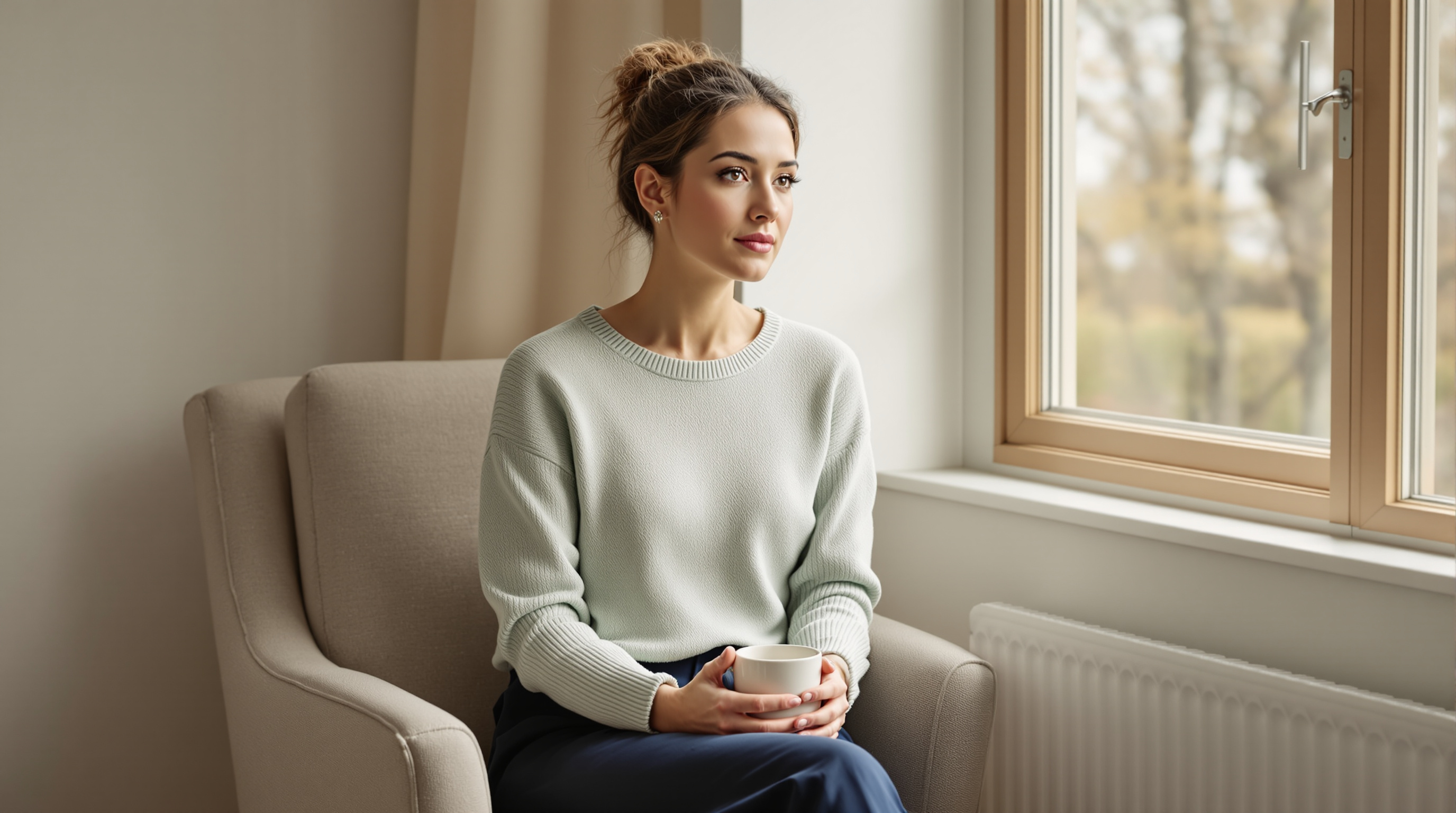 A woman in a sage knit top and navy trousers sits with a mug beside a bedroom window