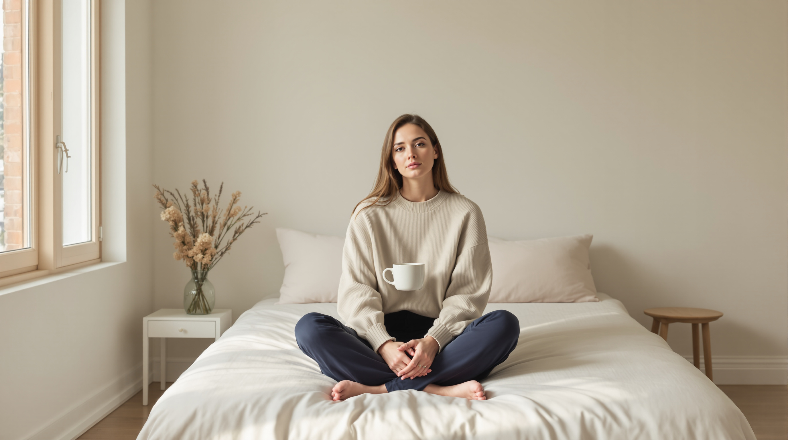 A woman sits on the edge of a bed in a bare, sunlit room, facing the camera with a plain ceramic mug held in both hands.