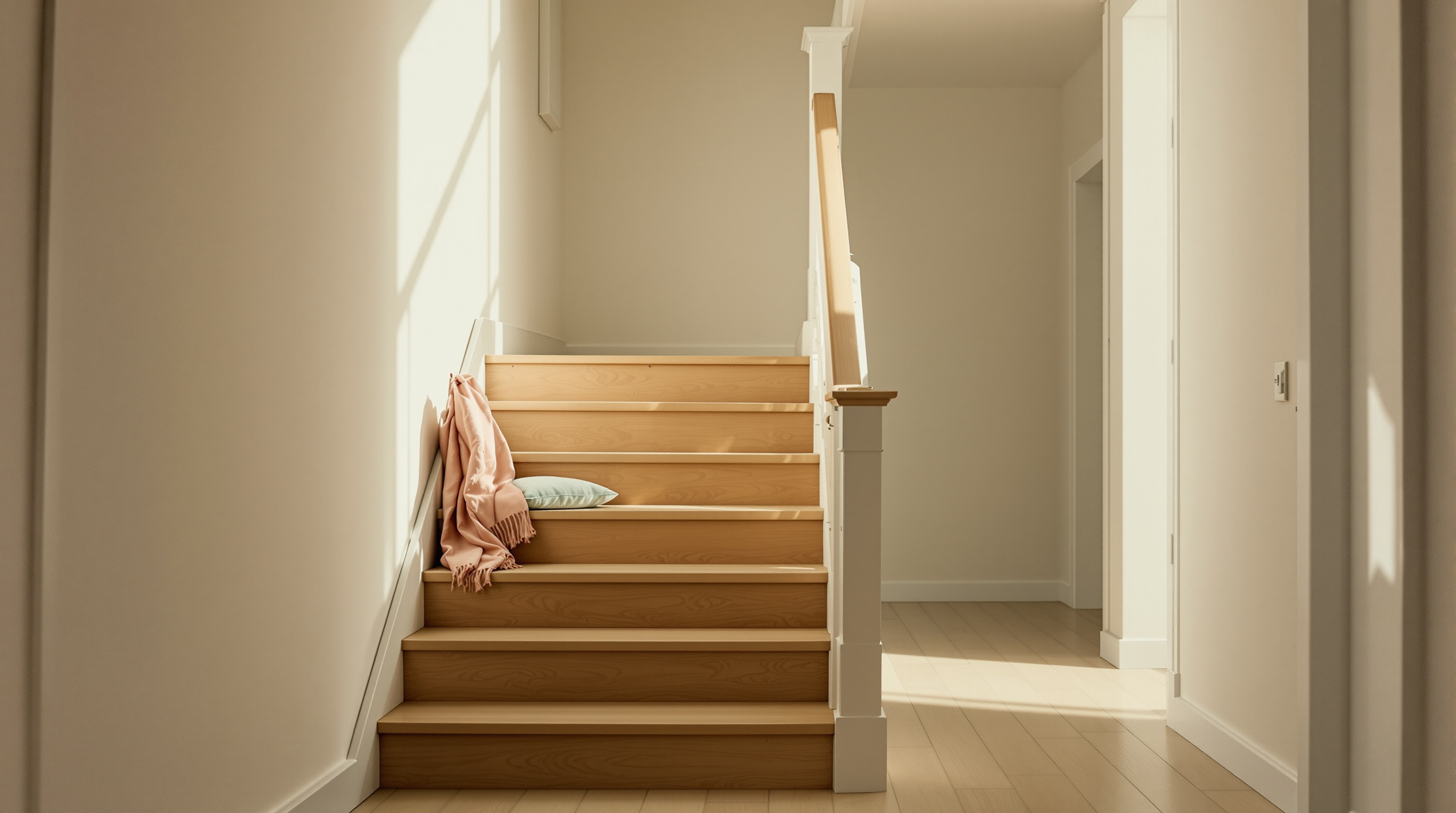 The bottom steps of a wooden staircase