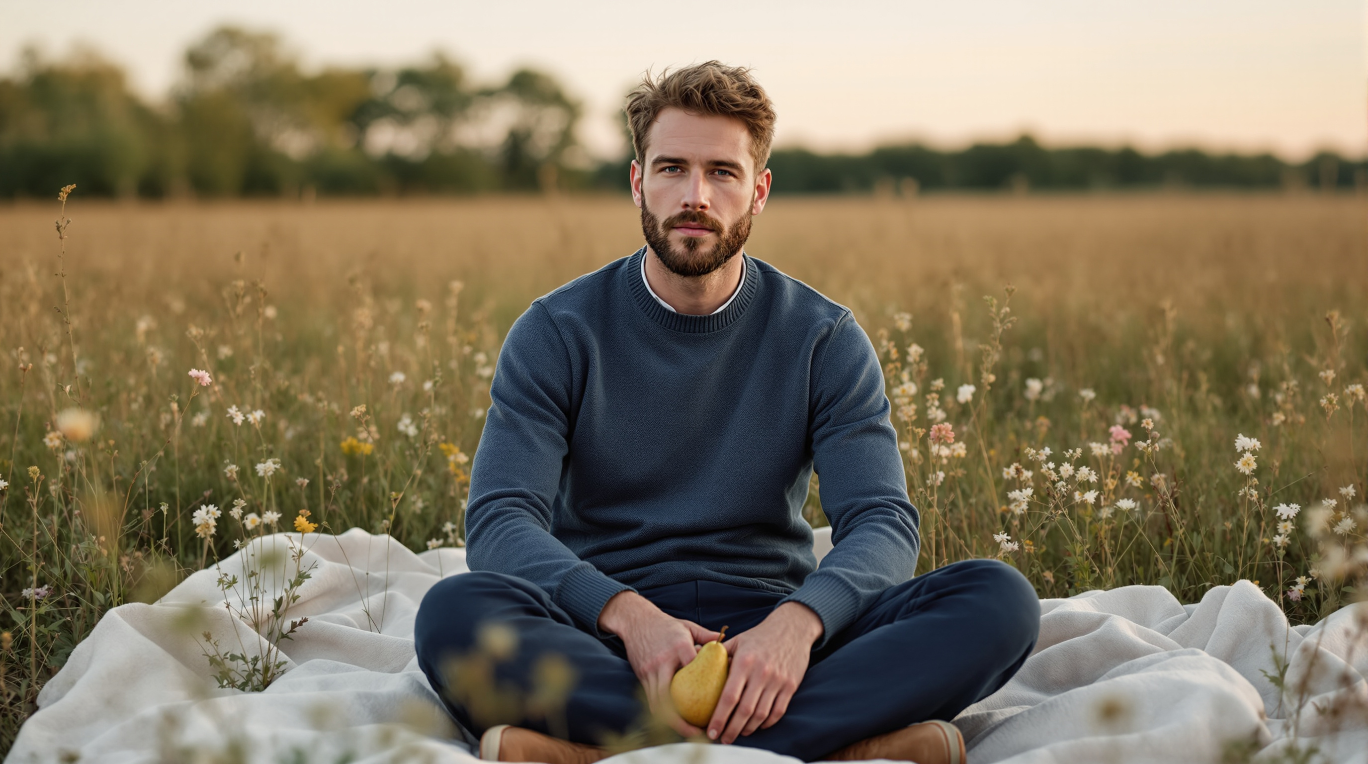 A man sits on a blanket in a meadow holding a pear