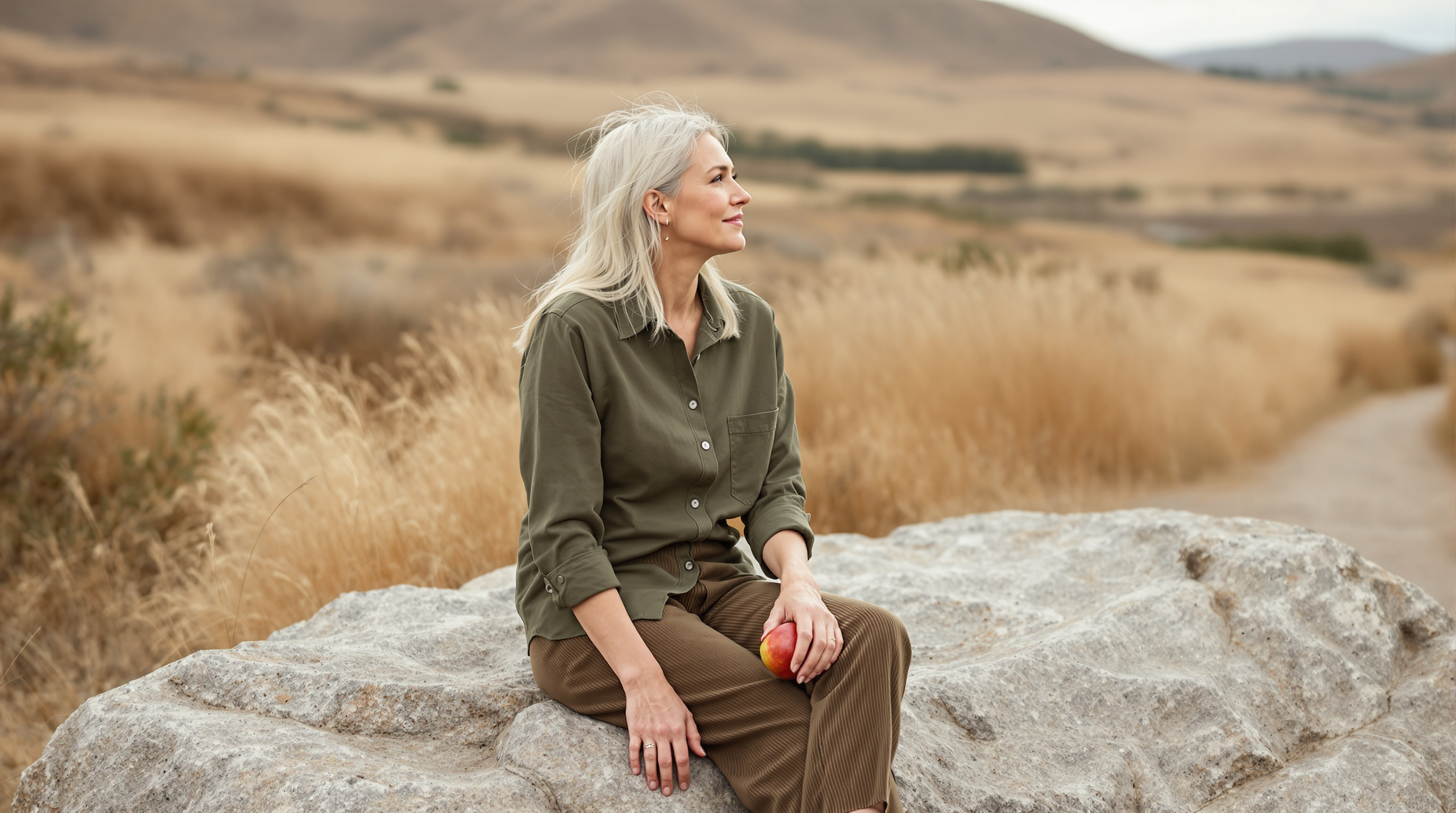 A woman sits on a boulder beside a quiet trail holding an apple
