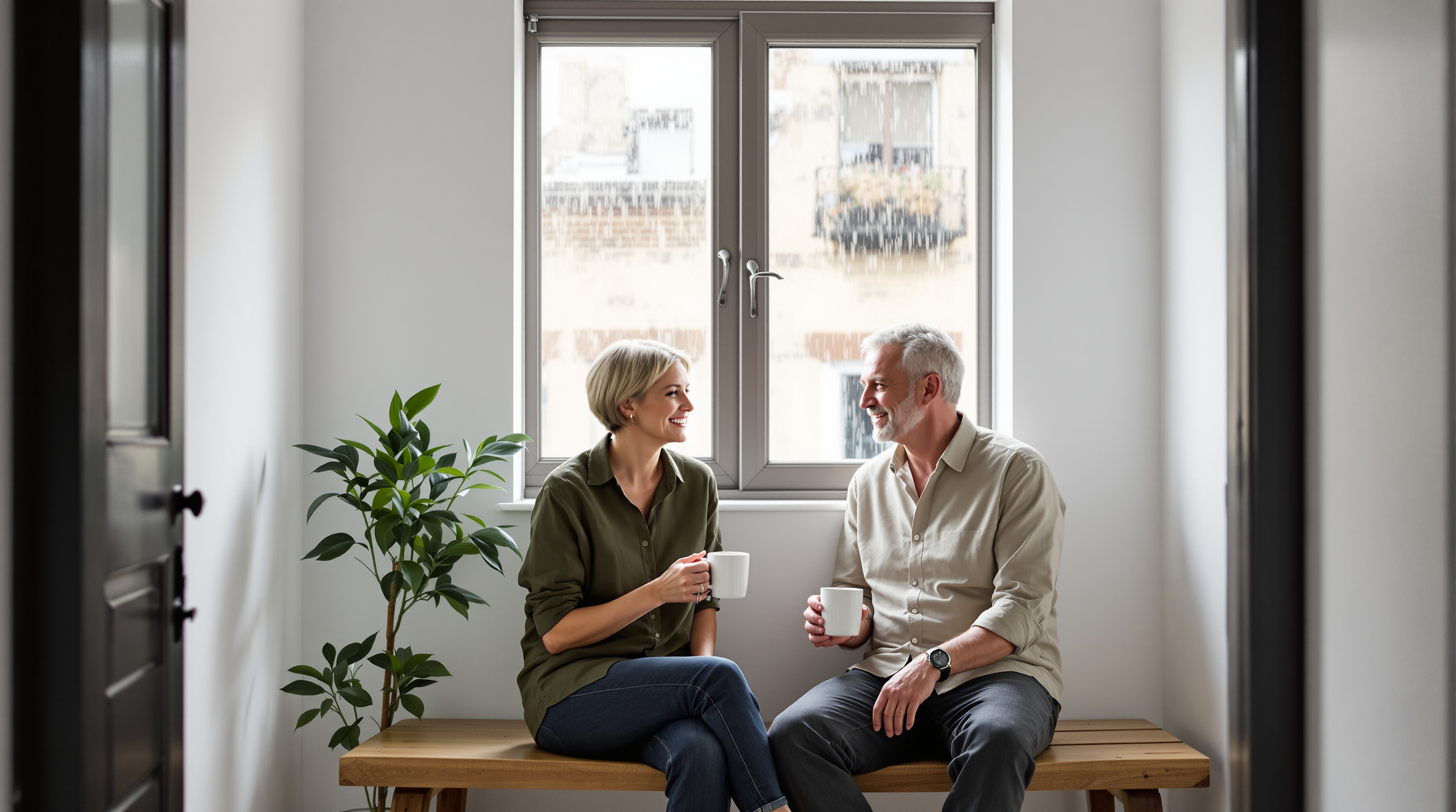 Two friends sit together on a bench in a bright entryway with a plain mug
