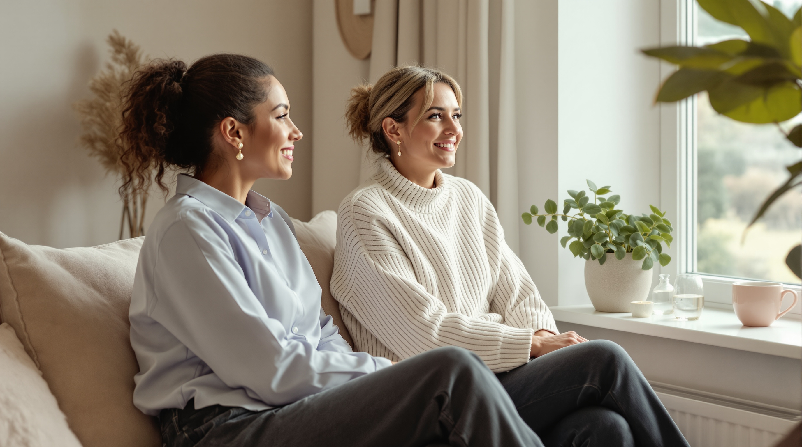 Two friends in knitwear have a relaxed conversation beside a bright living-room window