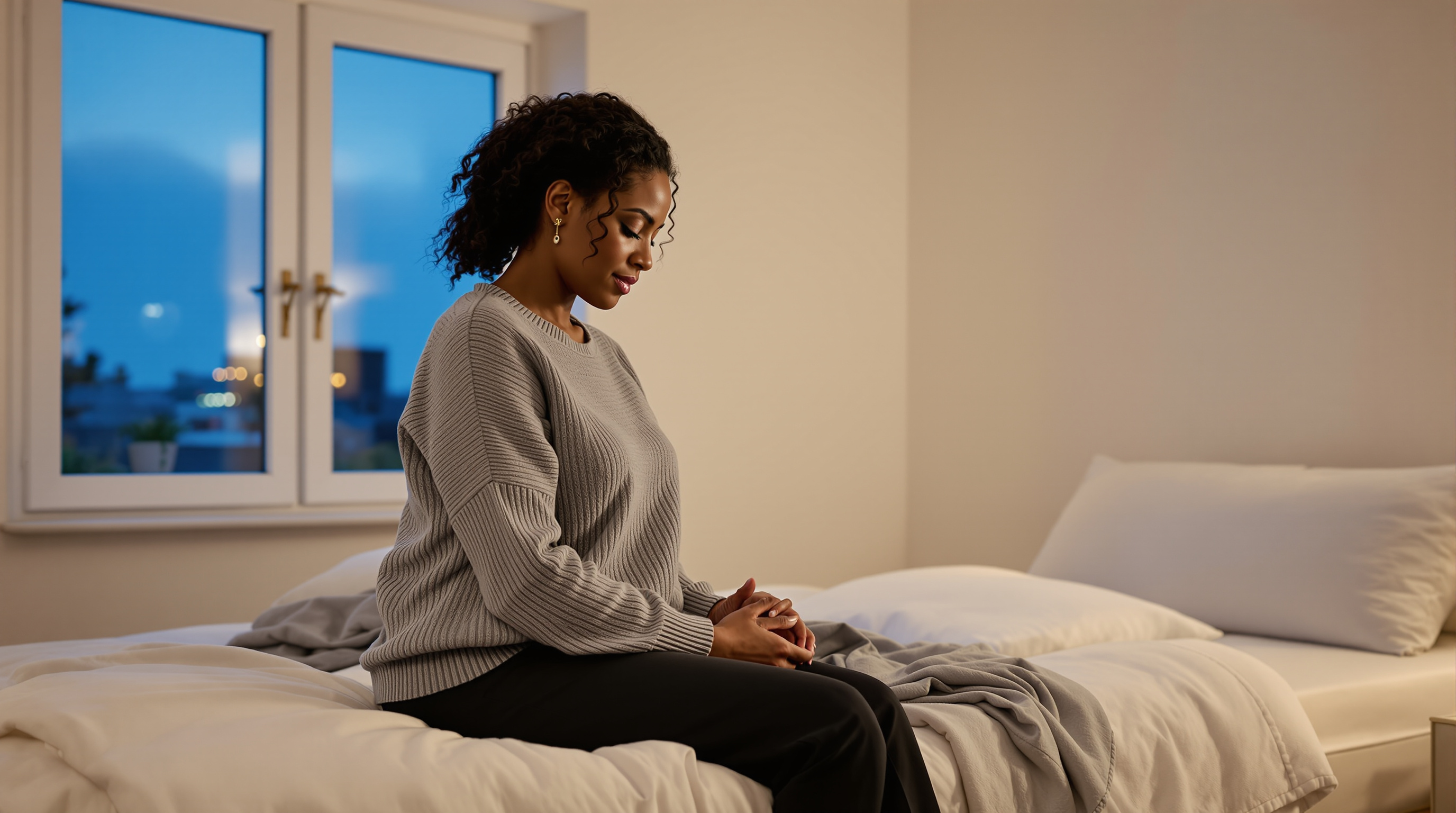 A woman sits on the edge of a bed in a bare bedroom with a folded scarf
