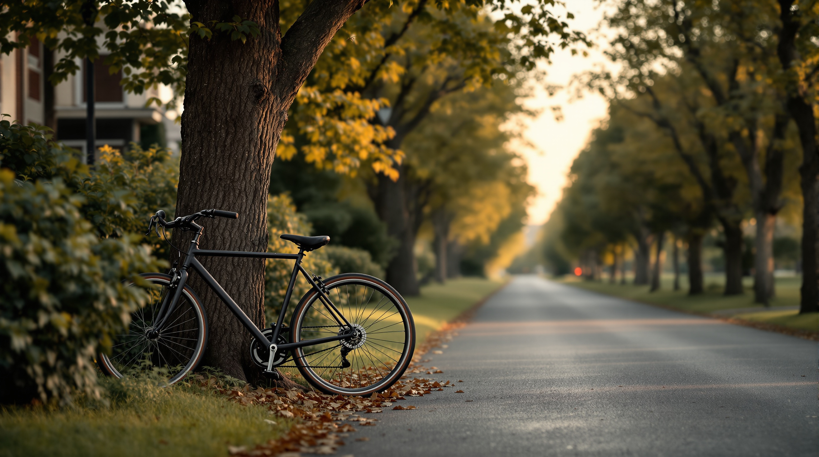 A bicycle leaning against a tree in a quiet lane