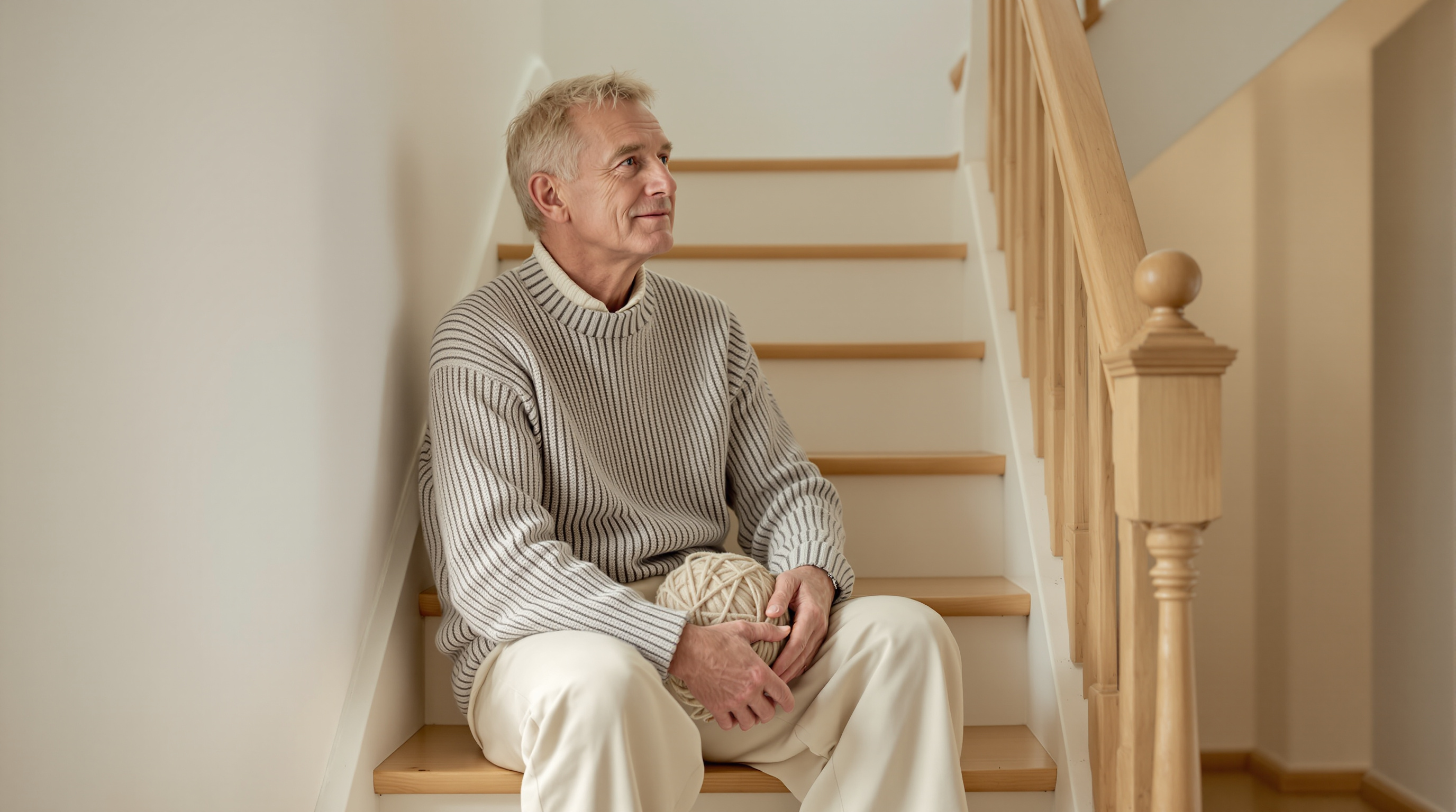 A man sits on the bottom step of a staircase with a ball of yarn
