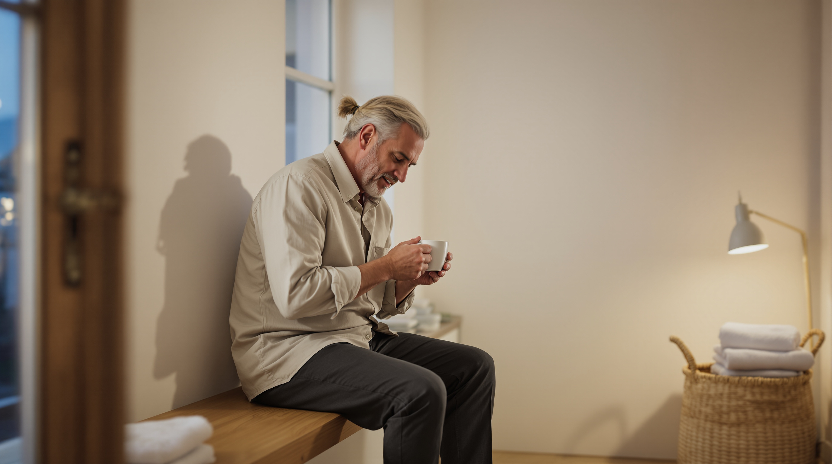 A man sits on a bench in a utility room with a plain mug