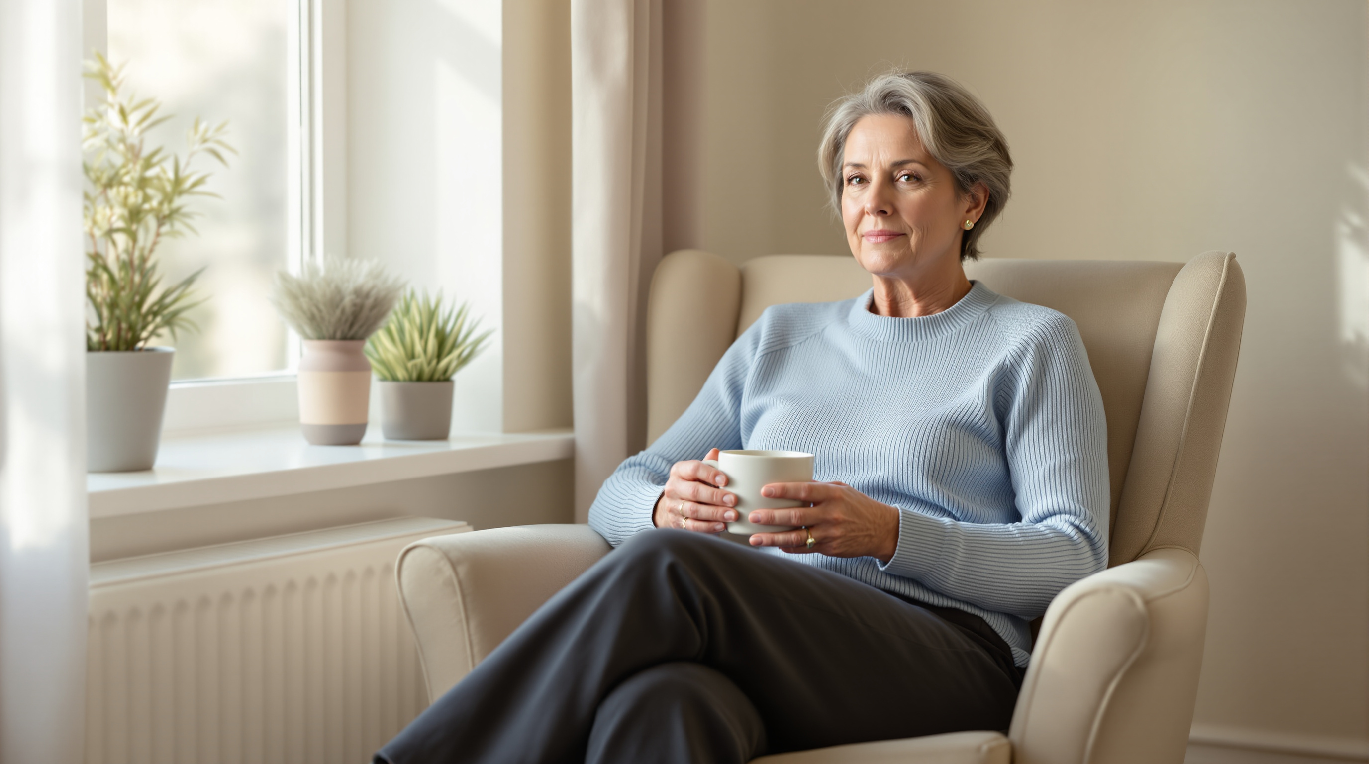 A middle-aged woman sits in an armchair by a sunlit morning window holding a plain mug