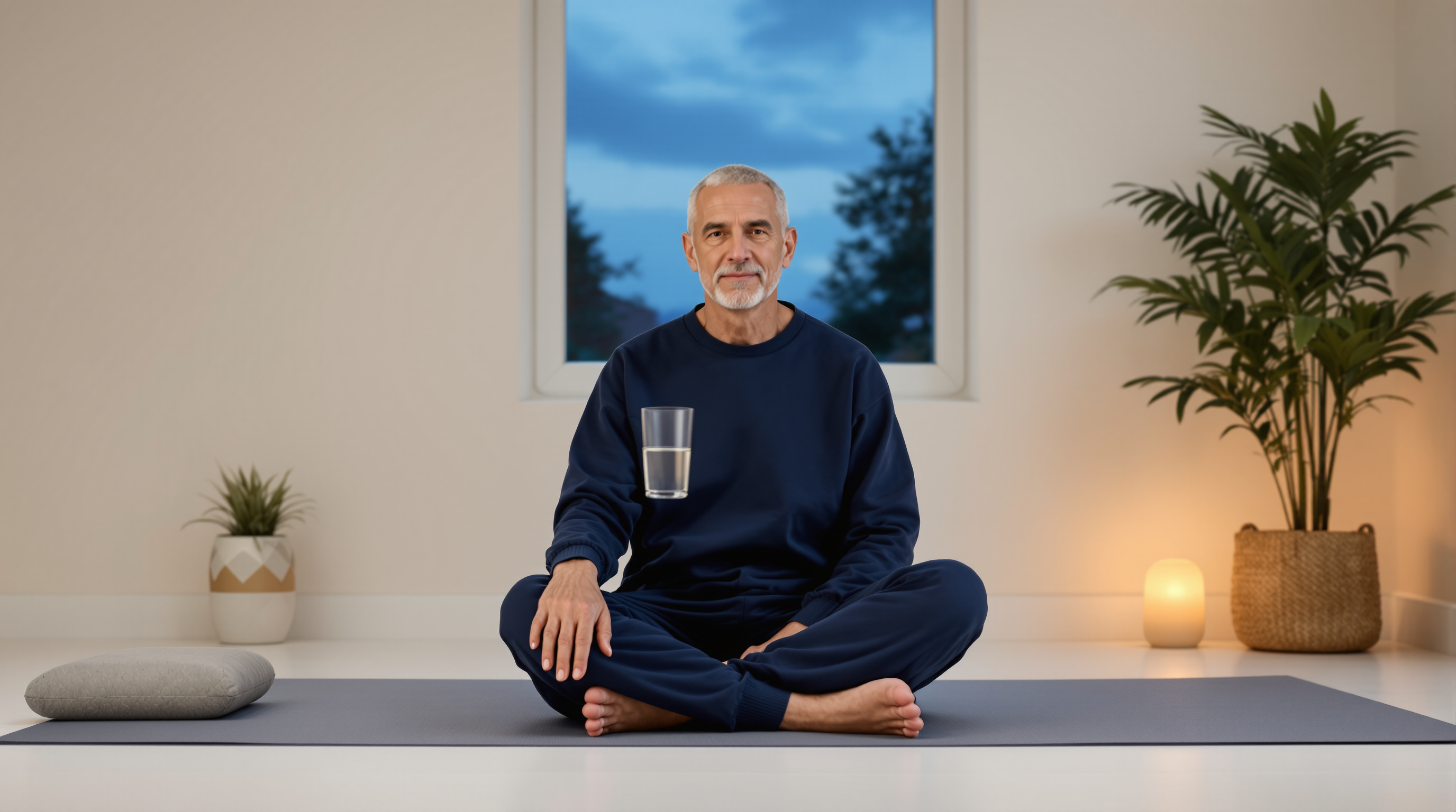 A man sits on a mat in a bright studio with a glass of water