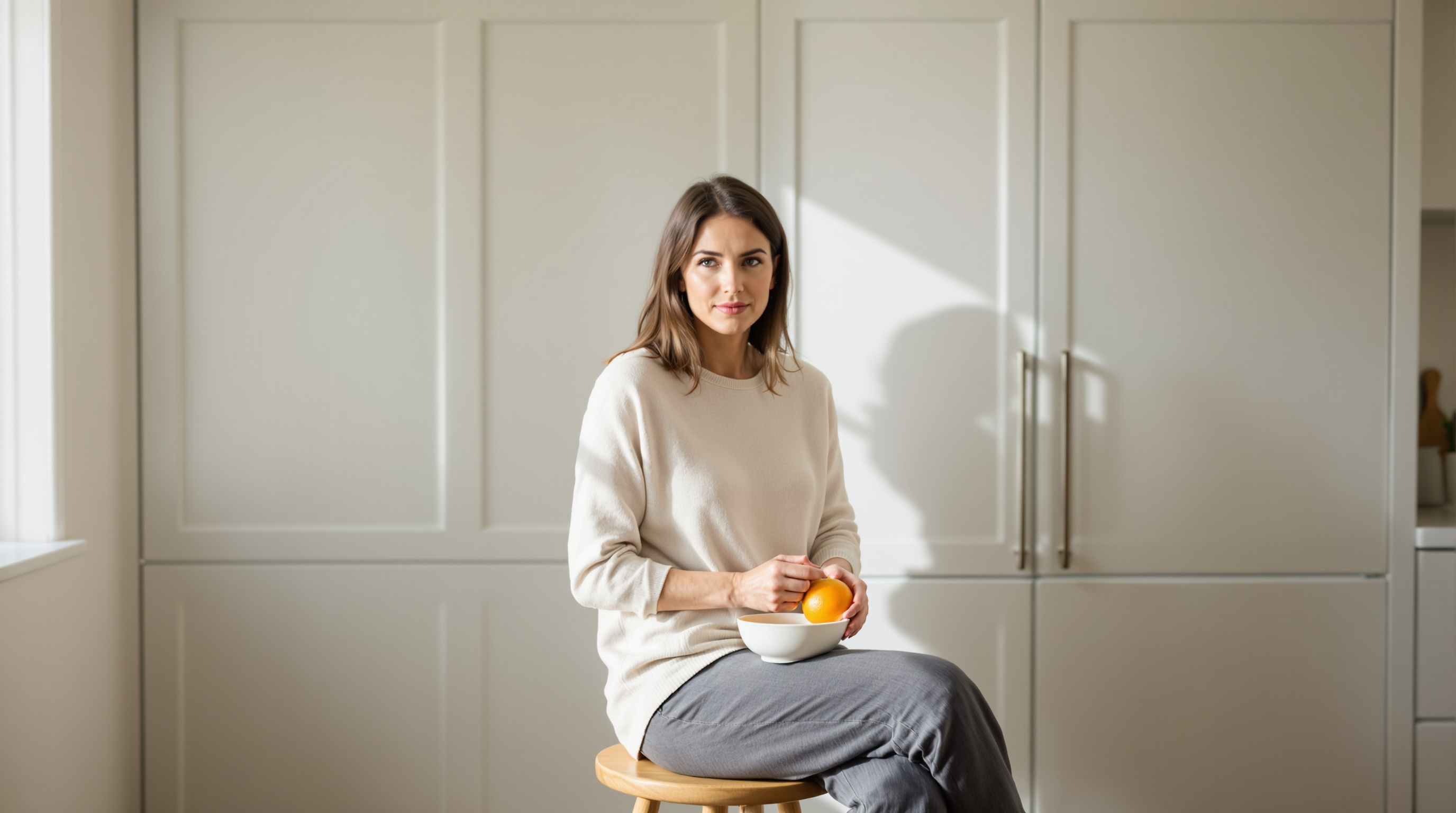 A woman sits on a wooden stool at a kitchen counter, peeling an orange over a plain bowl