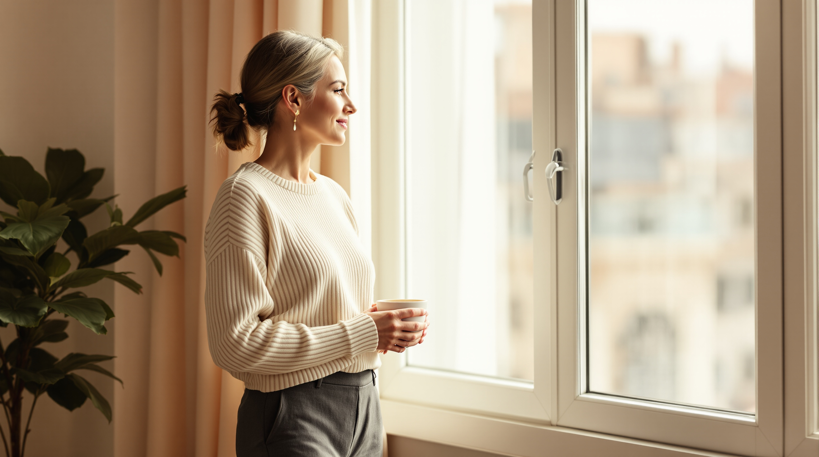 A woman in a cream sweater stands beside a sunlit window holding a plain ceramic cup