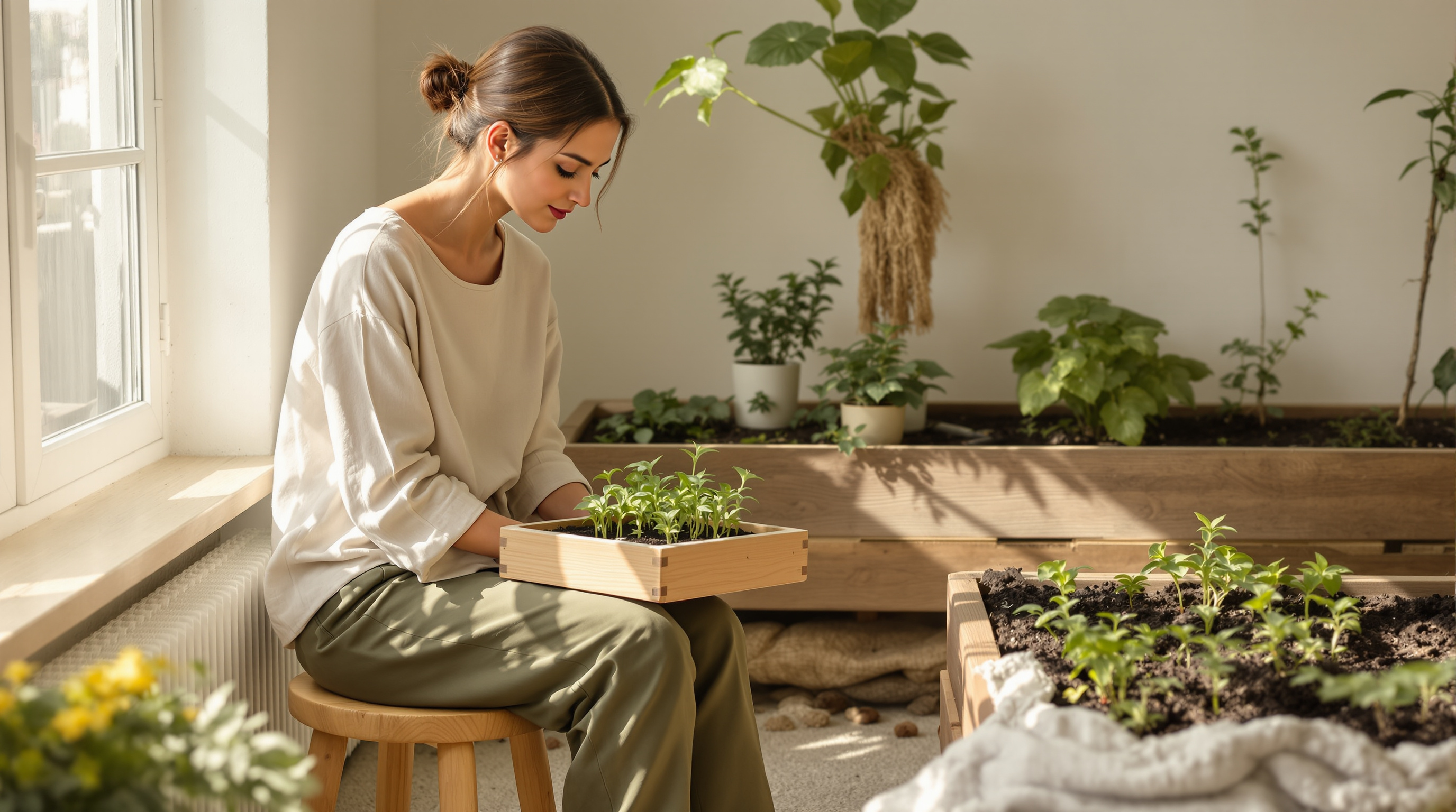 A woman in a cream shirt and olive trousers sits beside a raised garden bed with a tray of seedlings in morning light