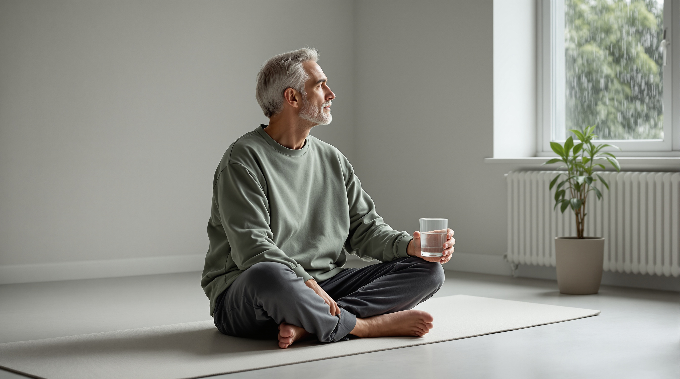 A man sits on a mat in a bright studio with a glass of water
