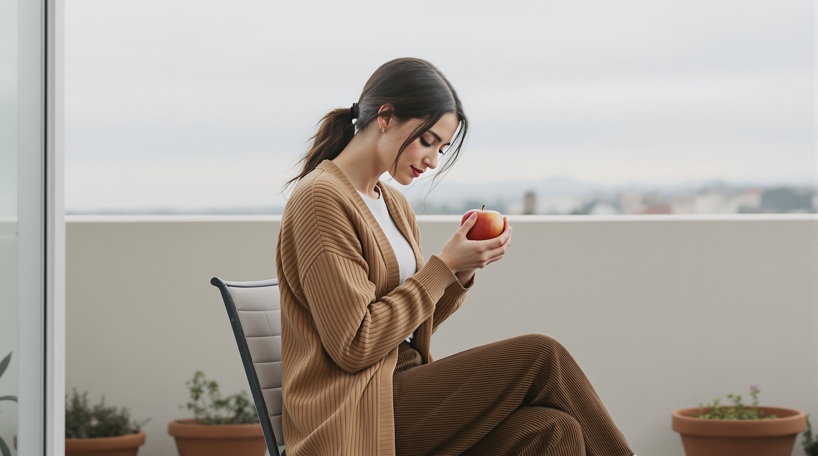 A woman sits on a small balcony holding an apple