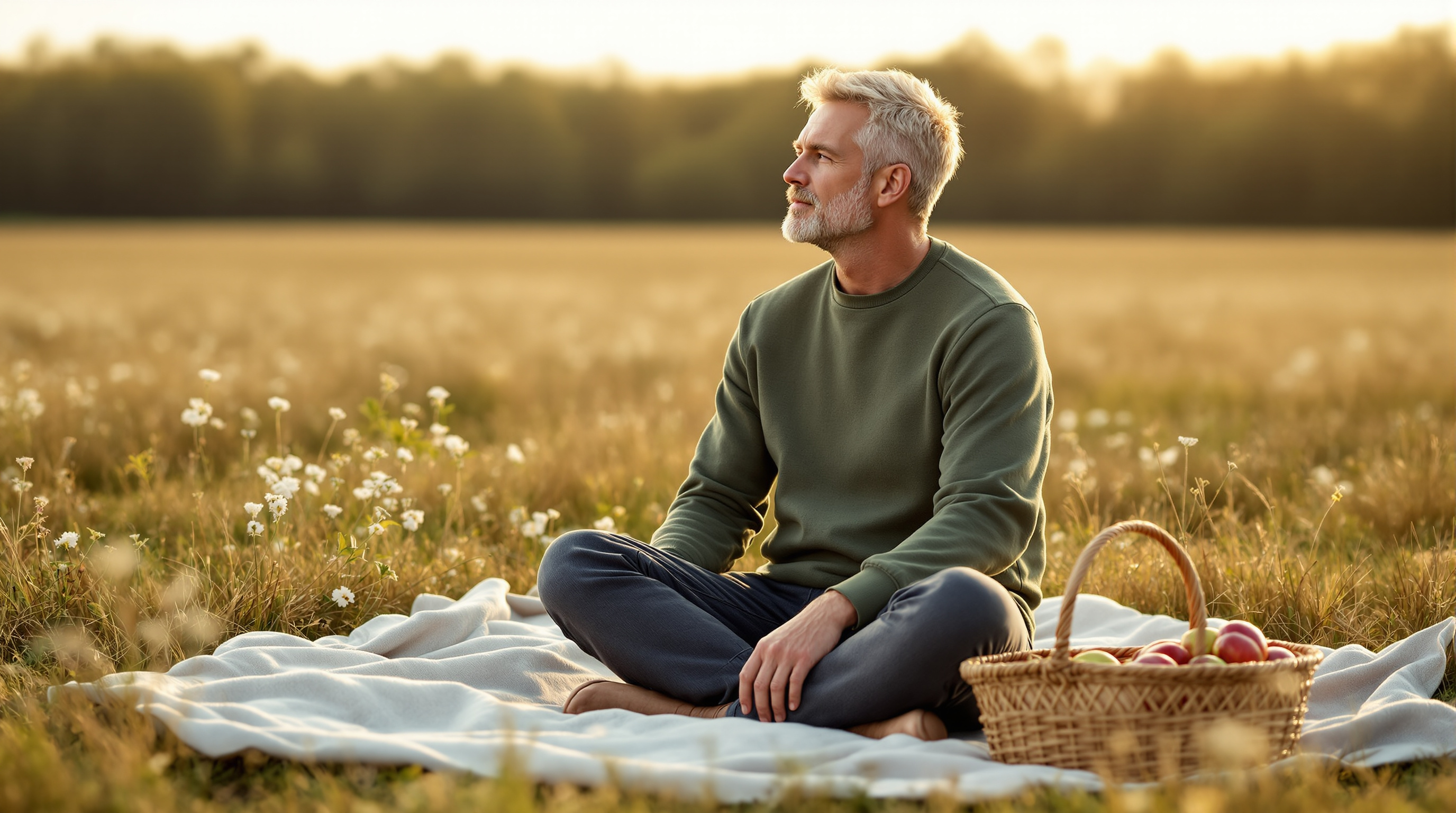 A man sits on a blanket in a meadow beside a basket of apples