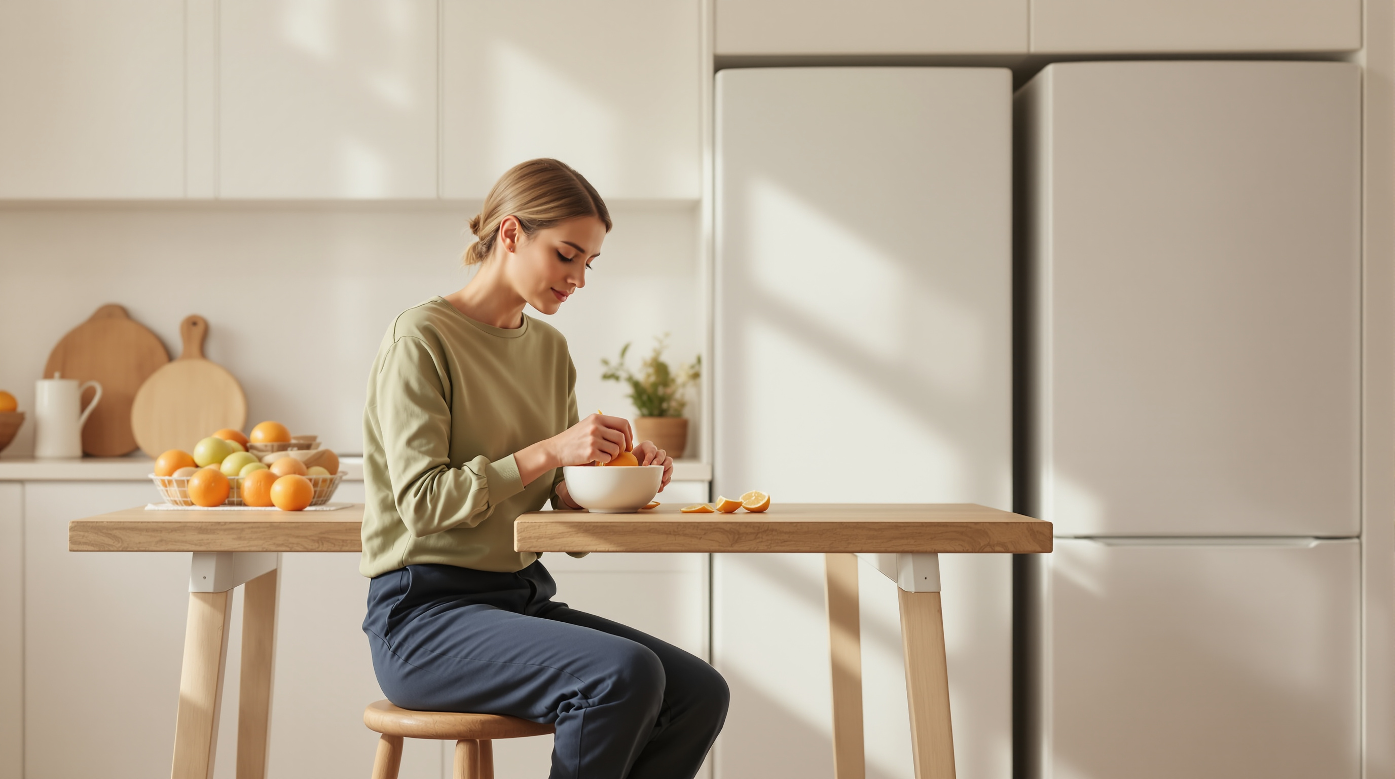 A woman peels an orange at a quiet kitchen table