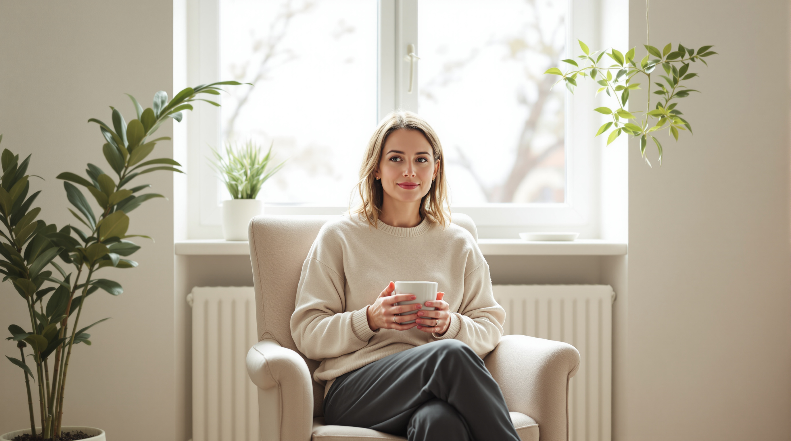 A woman sits in a linen armchair beside a bright window, facing the camera, holding a plain ceramic mug in both hands
