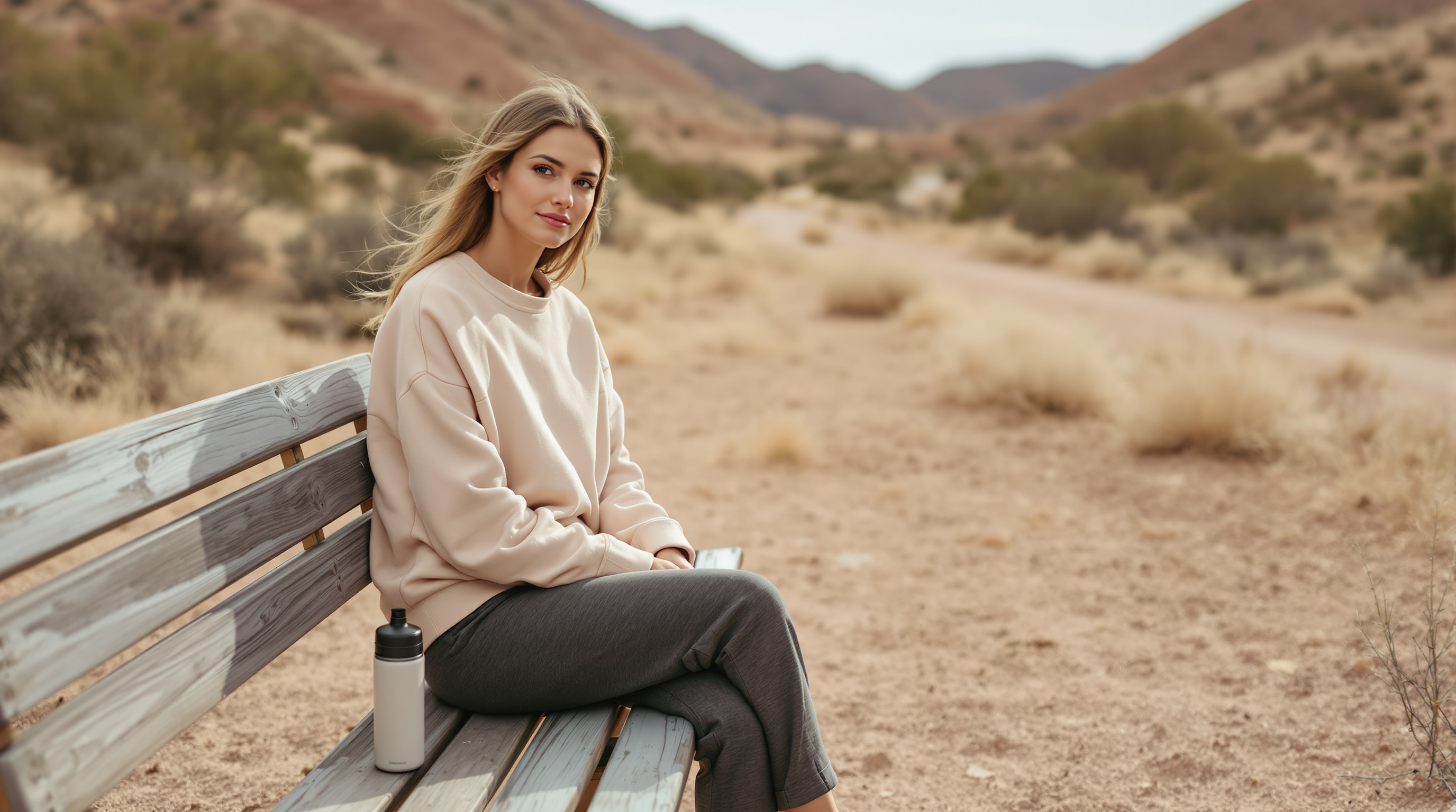 A woman sits on a bench beside a quiet desert trail in soft morning light