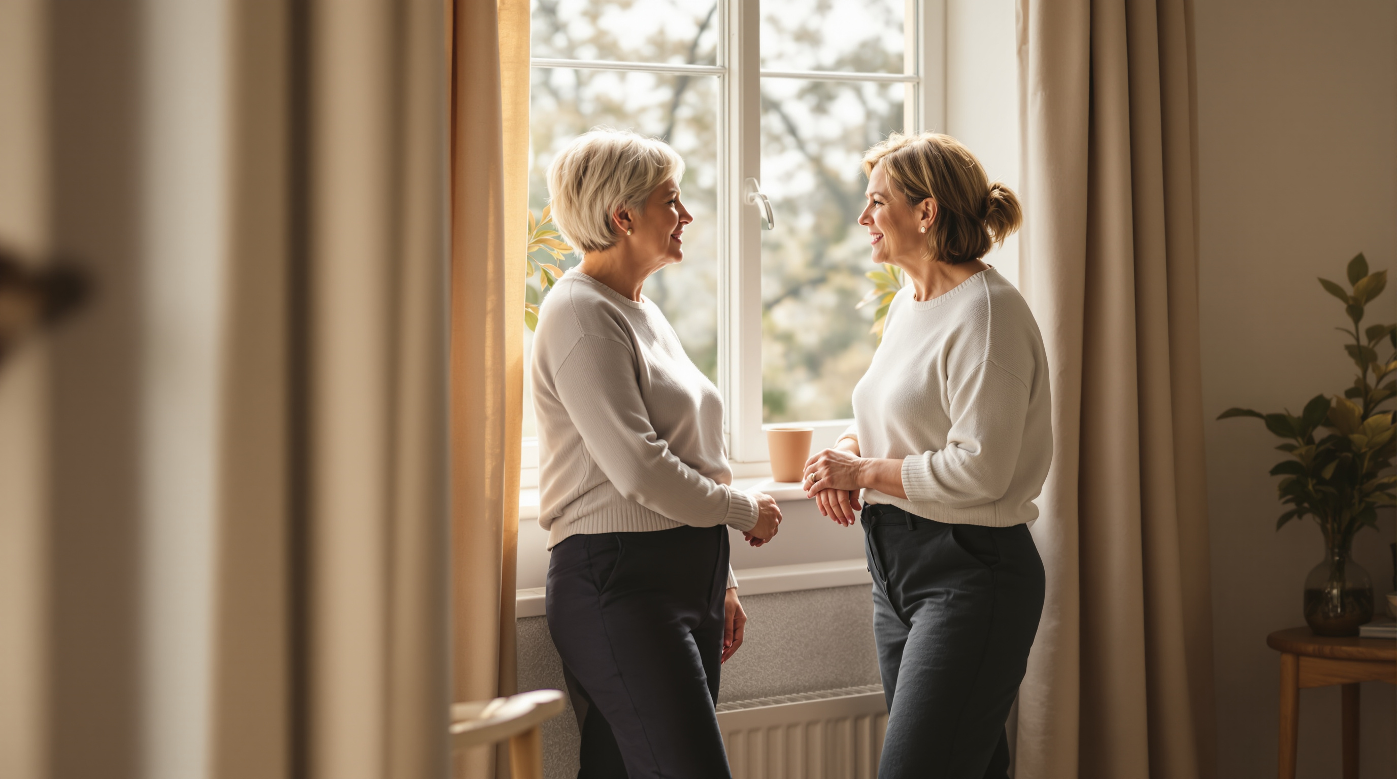 Two adults in modest knitwear talk beside a sunlit living room window
