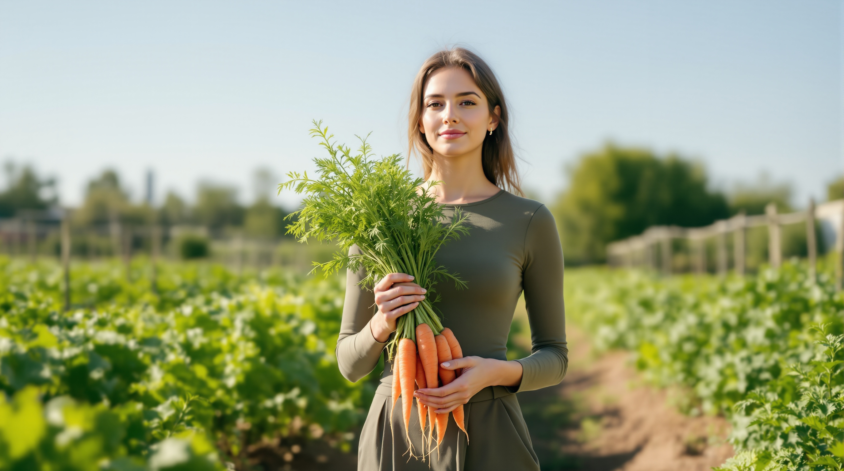 A woman in a long-sleeve olive top holds a bunch of just-picked carrots in a sunlit vegetable garden