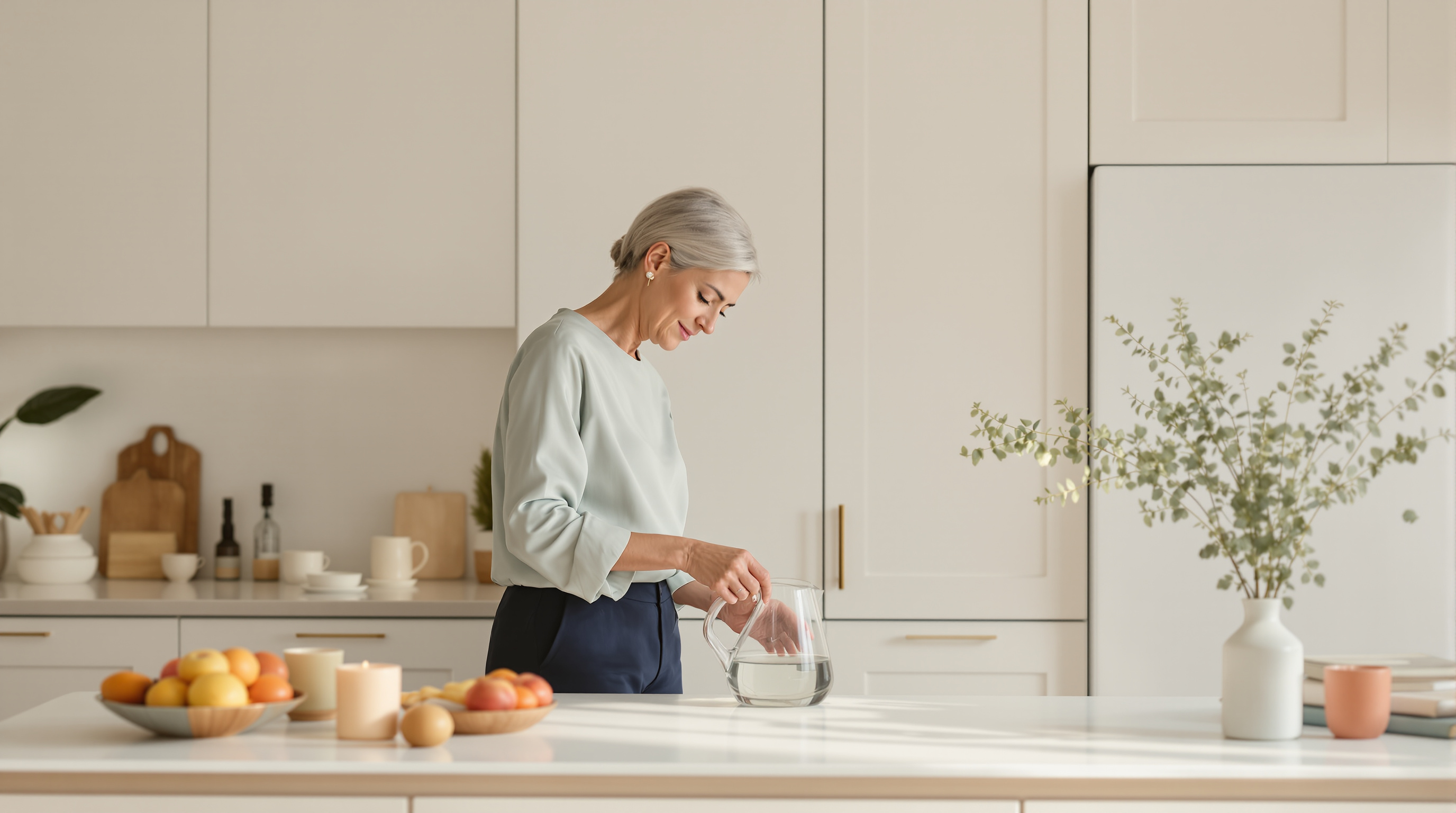 A woman pours water into a glass in a calm matte-white kitchen