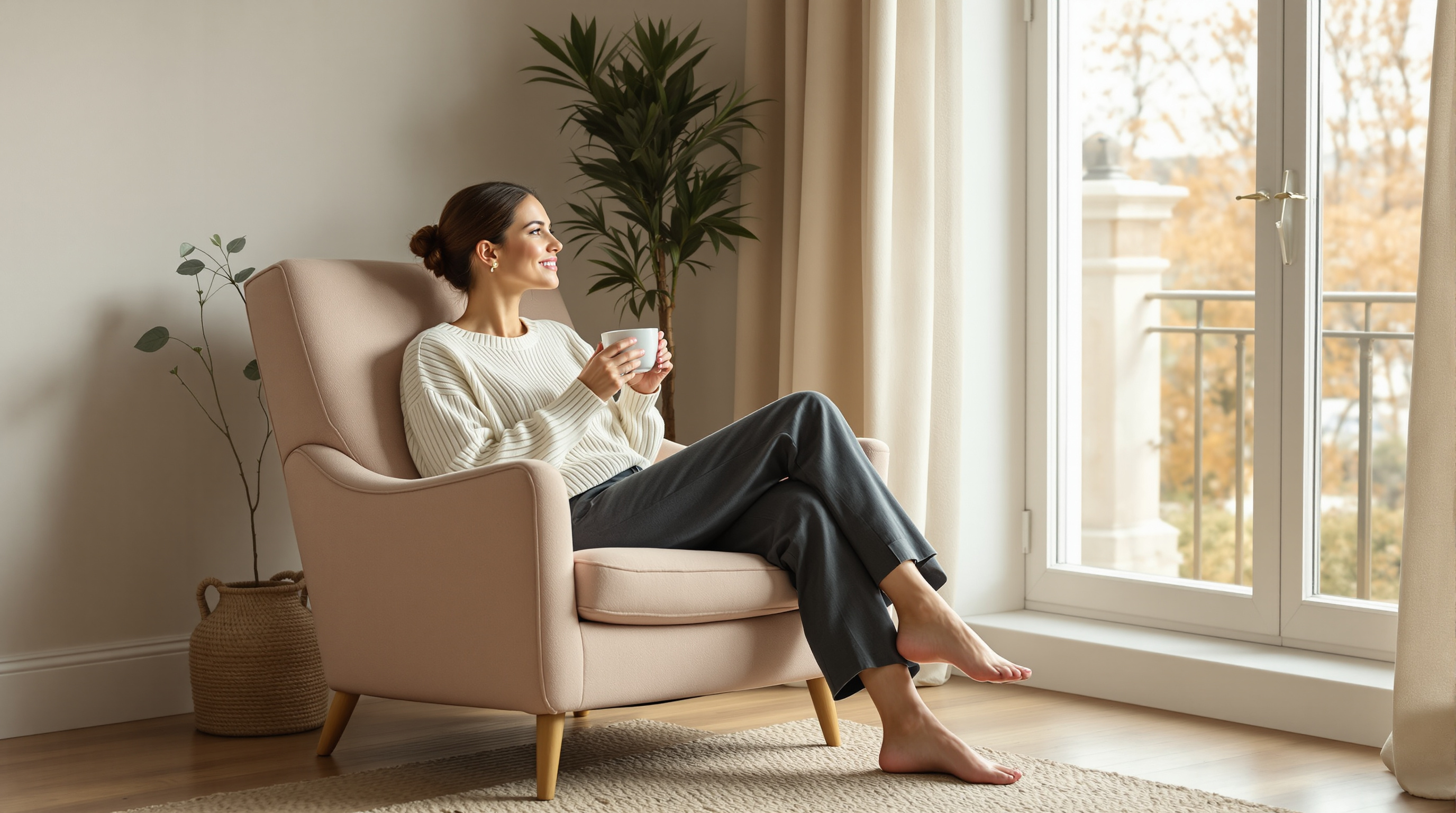A woman sits by a window with both hands around a mug of tea in soft morning light
