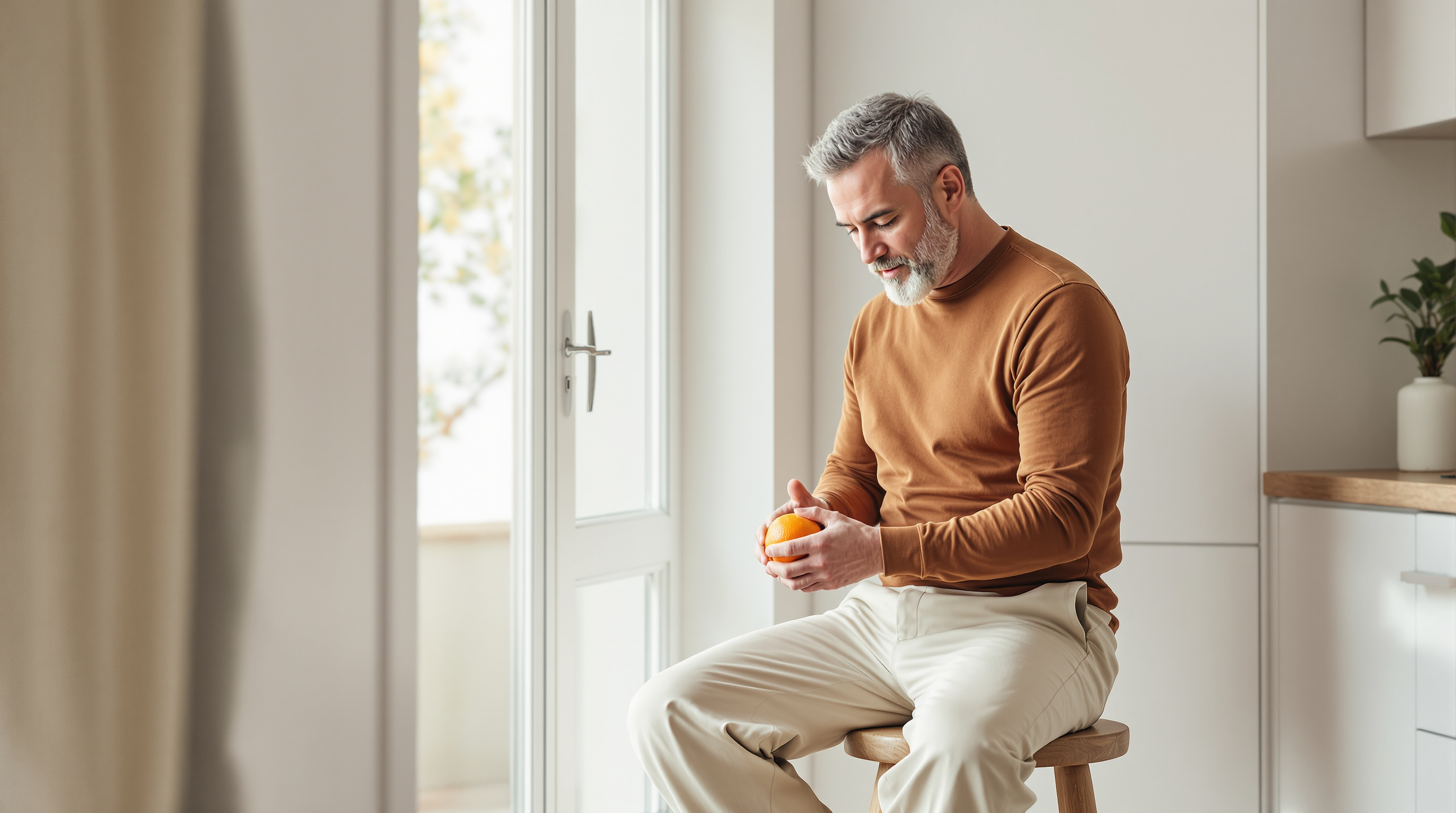 A man sits on a stool beside a kitchen window peeling an orange