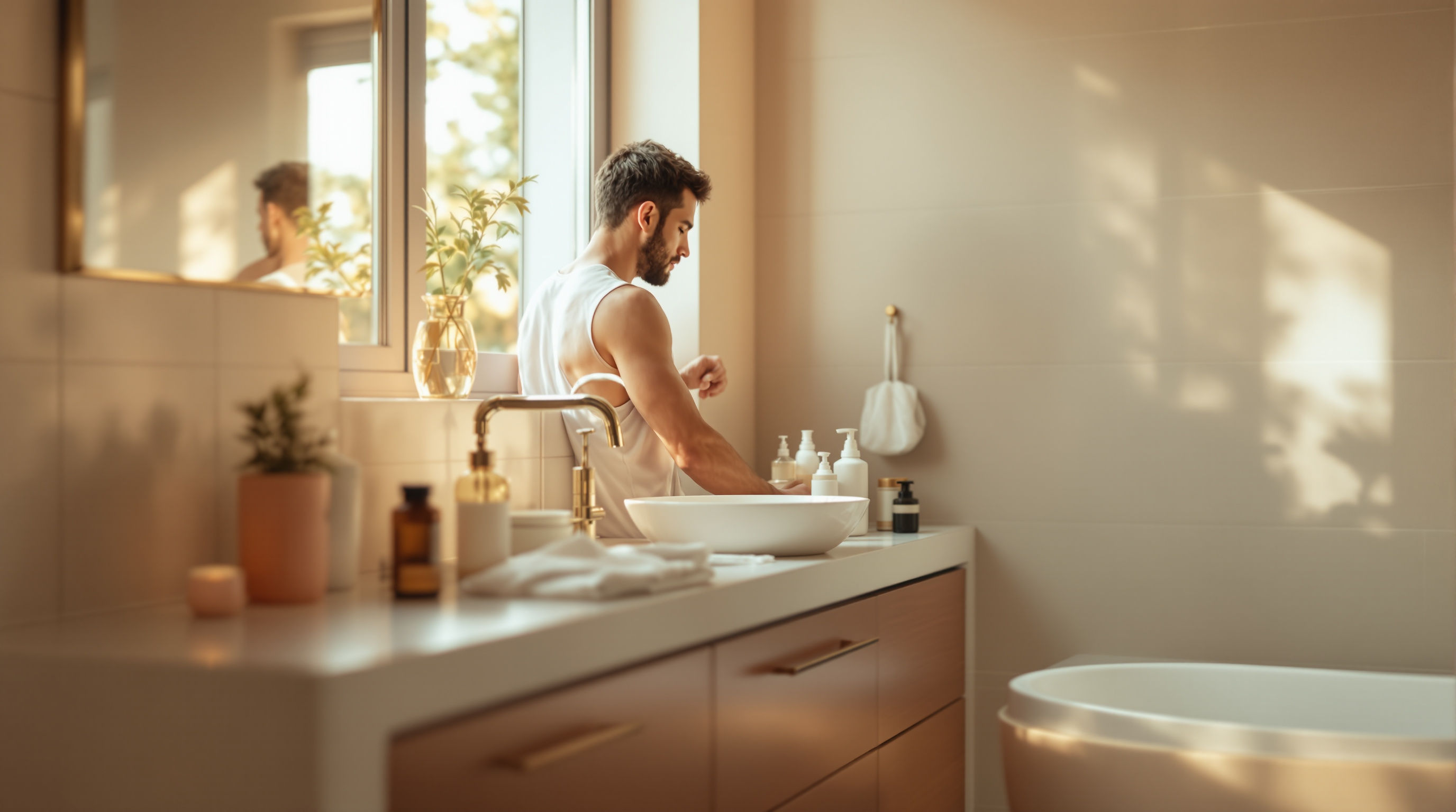 A man partway through an unhurried morning routine at a bright bathroom counter