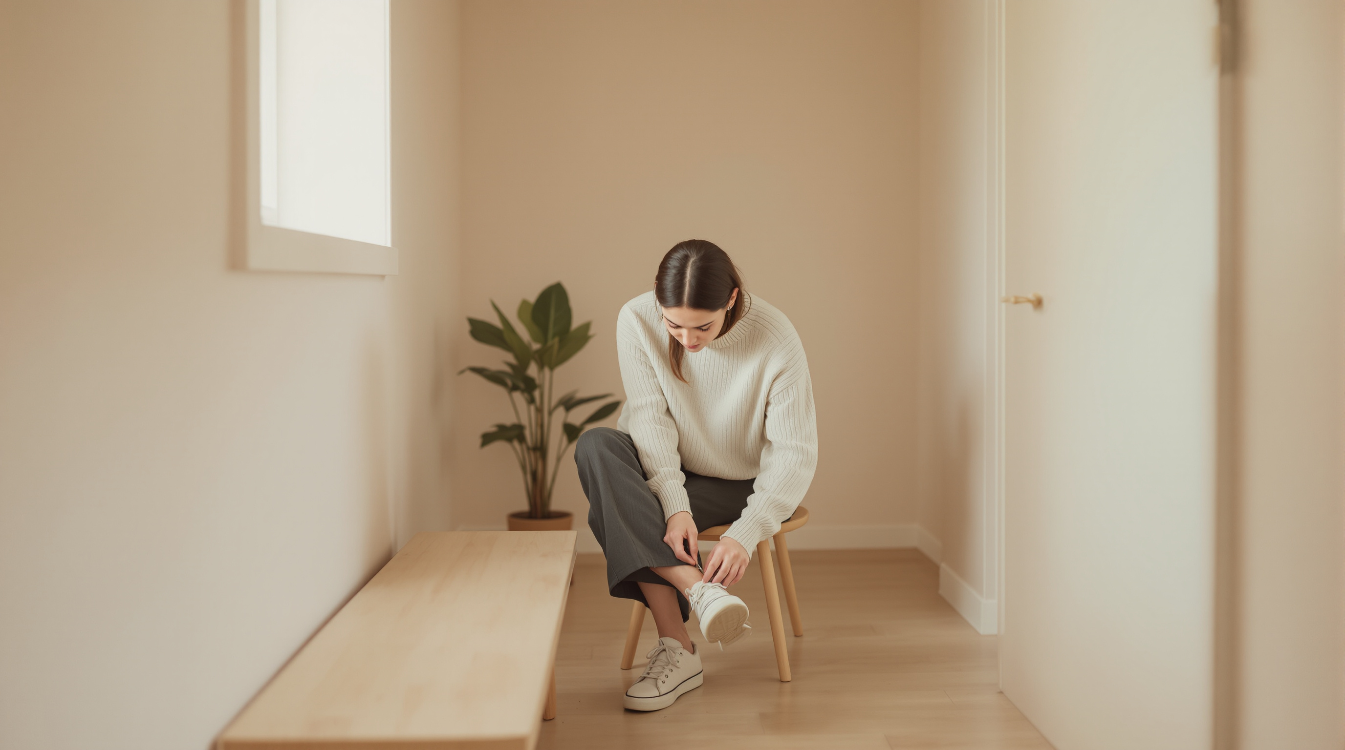A woman in a long-sleeve knit top and full-length trousers sits on a hallway bench lacing her shoe
