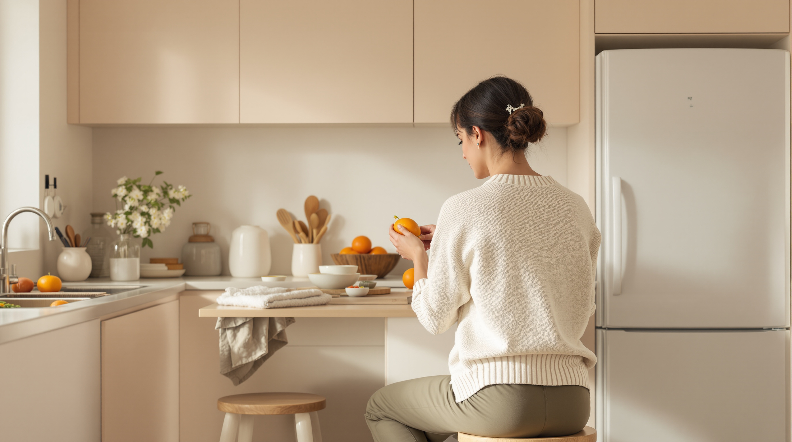 A parent peels an orange at a bright kitchen counter