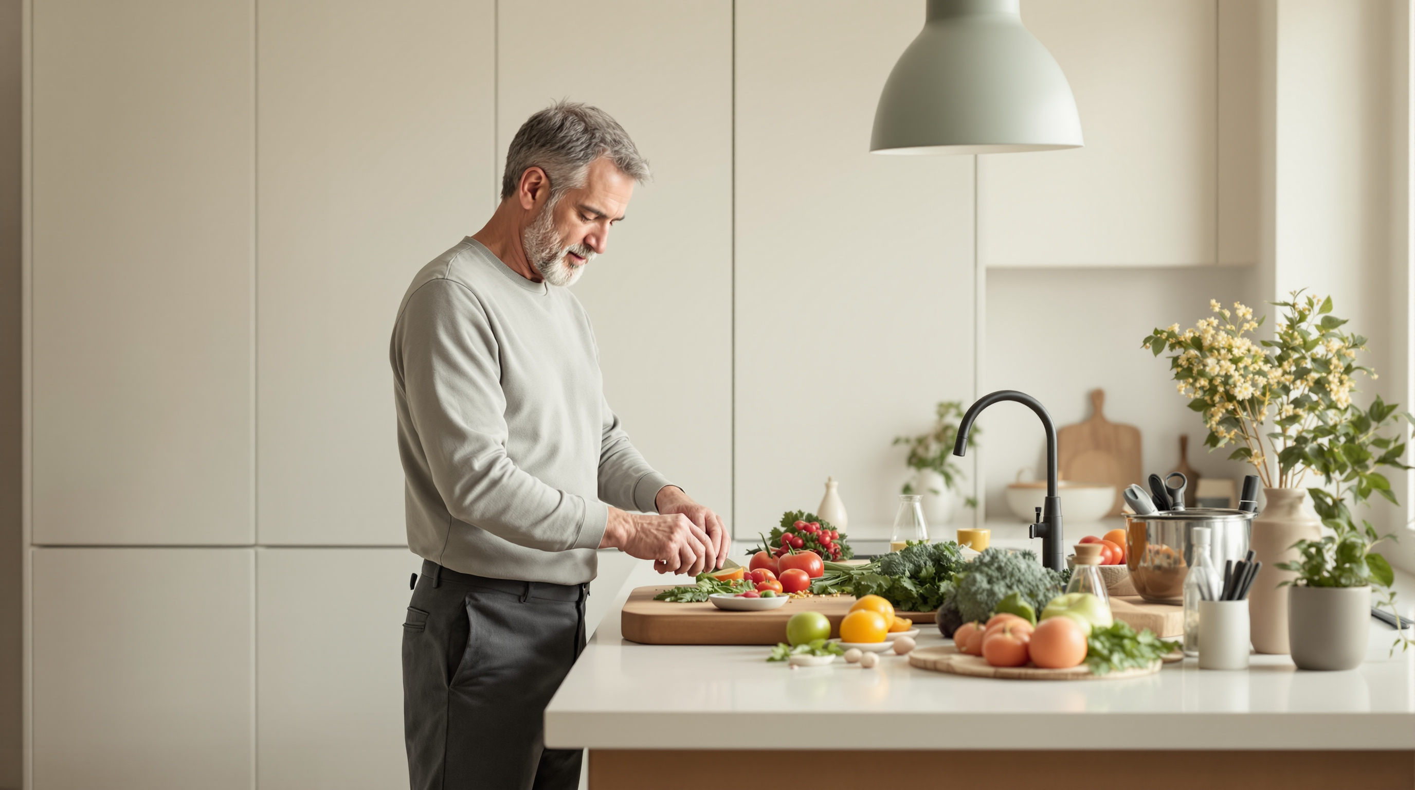 A man in a sage shirt prepares vegetables in a quiet matte-white kitchen