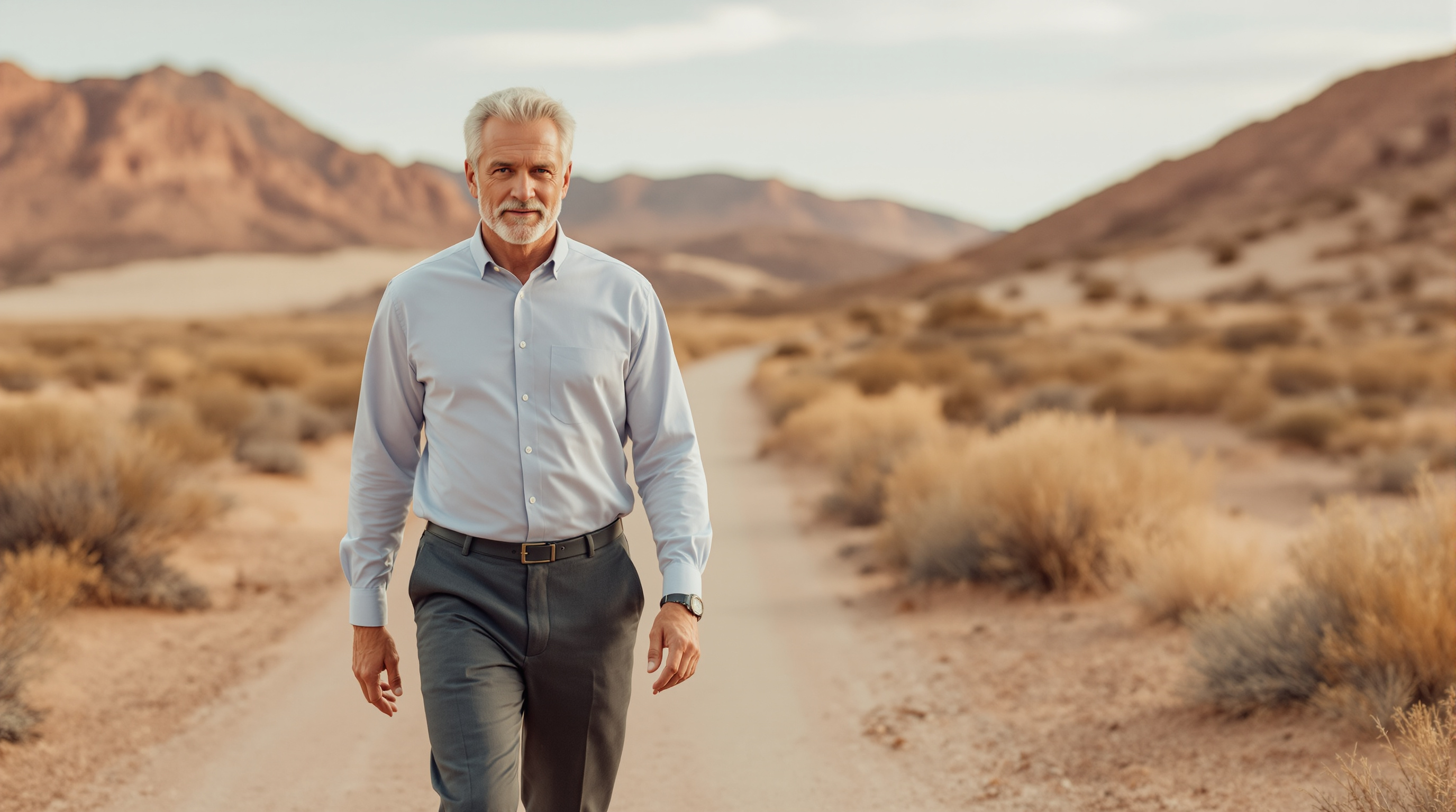 A man in a pale blue shirt walks toward the camera on a quiet desert trail