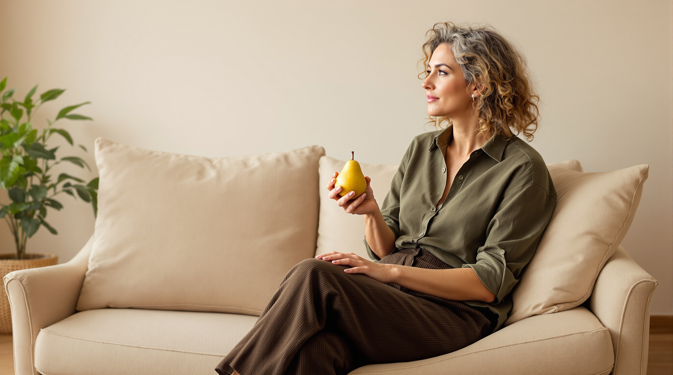 A woman sits on a sofa in a quiet living room holding a pear
