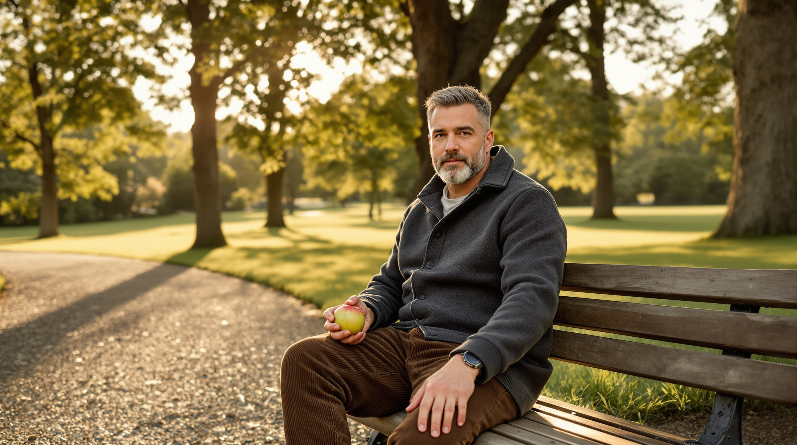 A man sits on a park bench under trees holding an apple