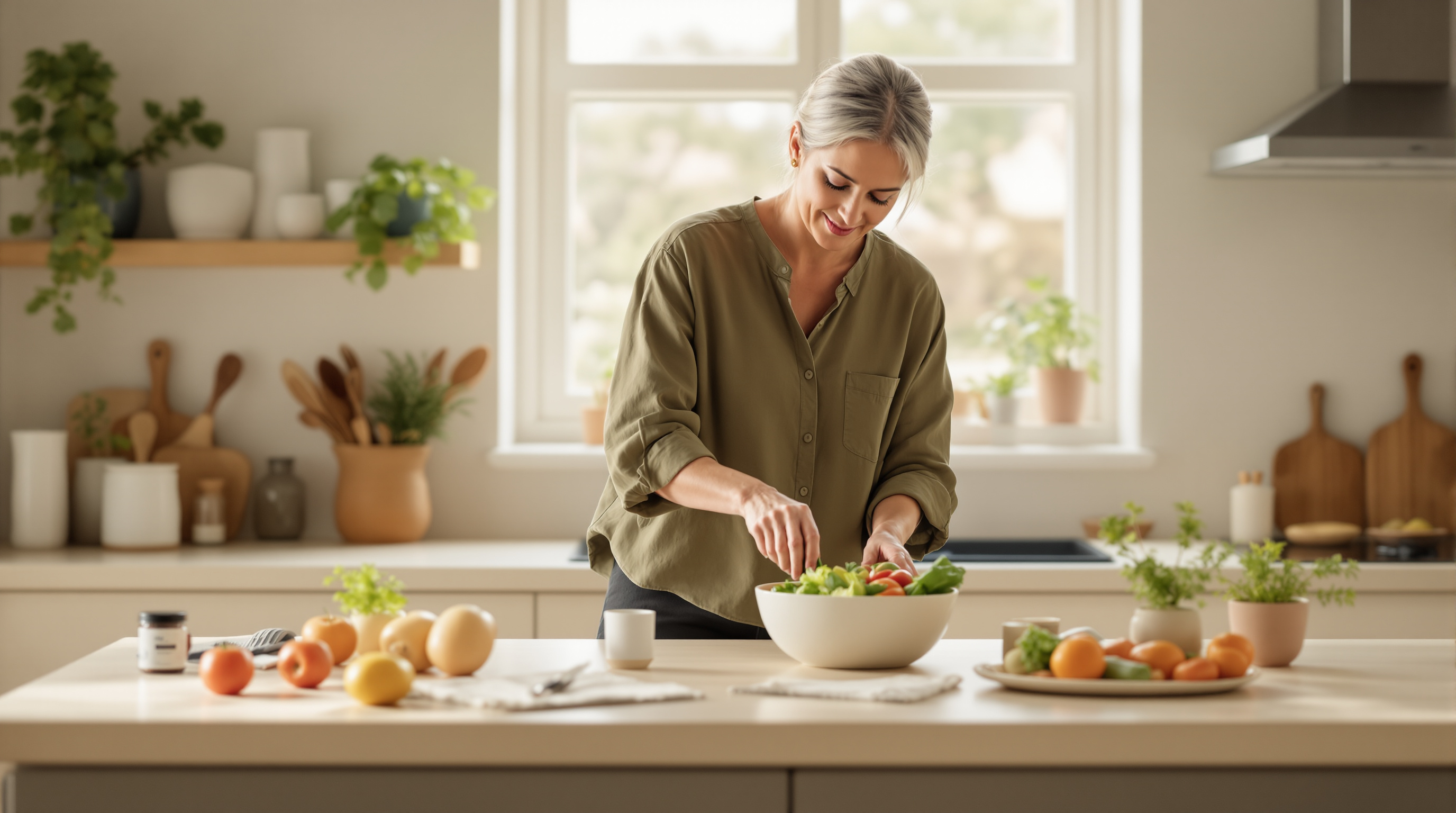 A woman arranges fresh vegetables into a ceramic bowl at a bright kitchen counter