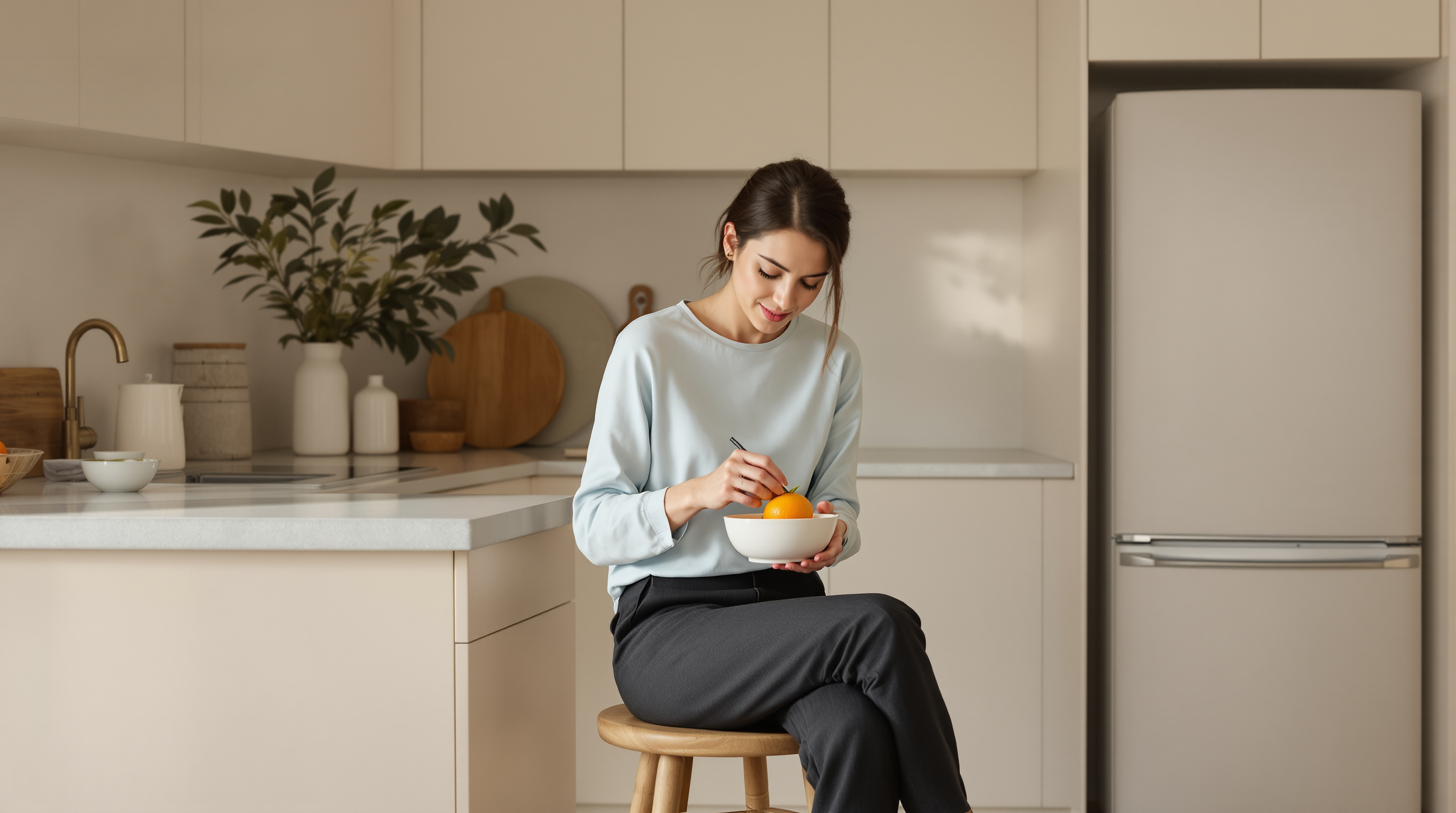 A woman in a blue blouse sits at a matte-white kitchen counter peeling an orange