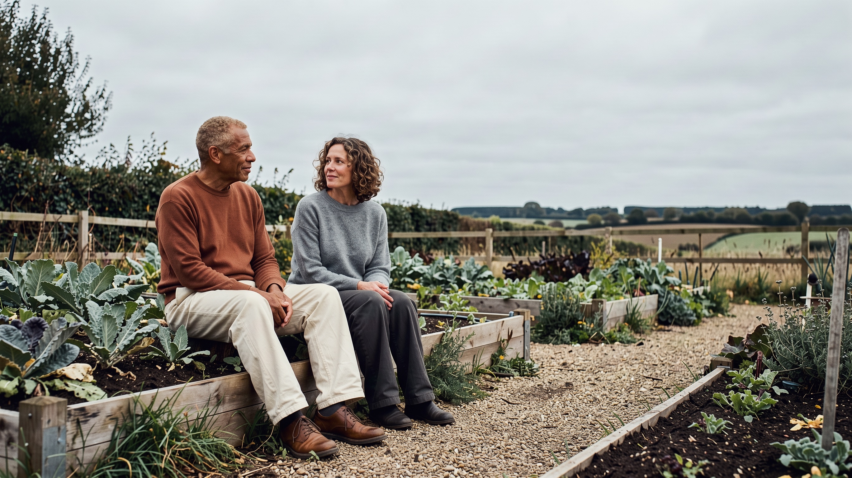 Two friends sit together on the edge of a raised garden bed
