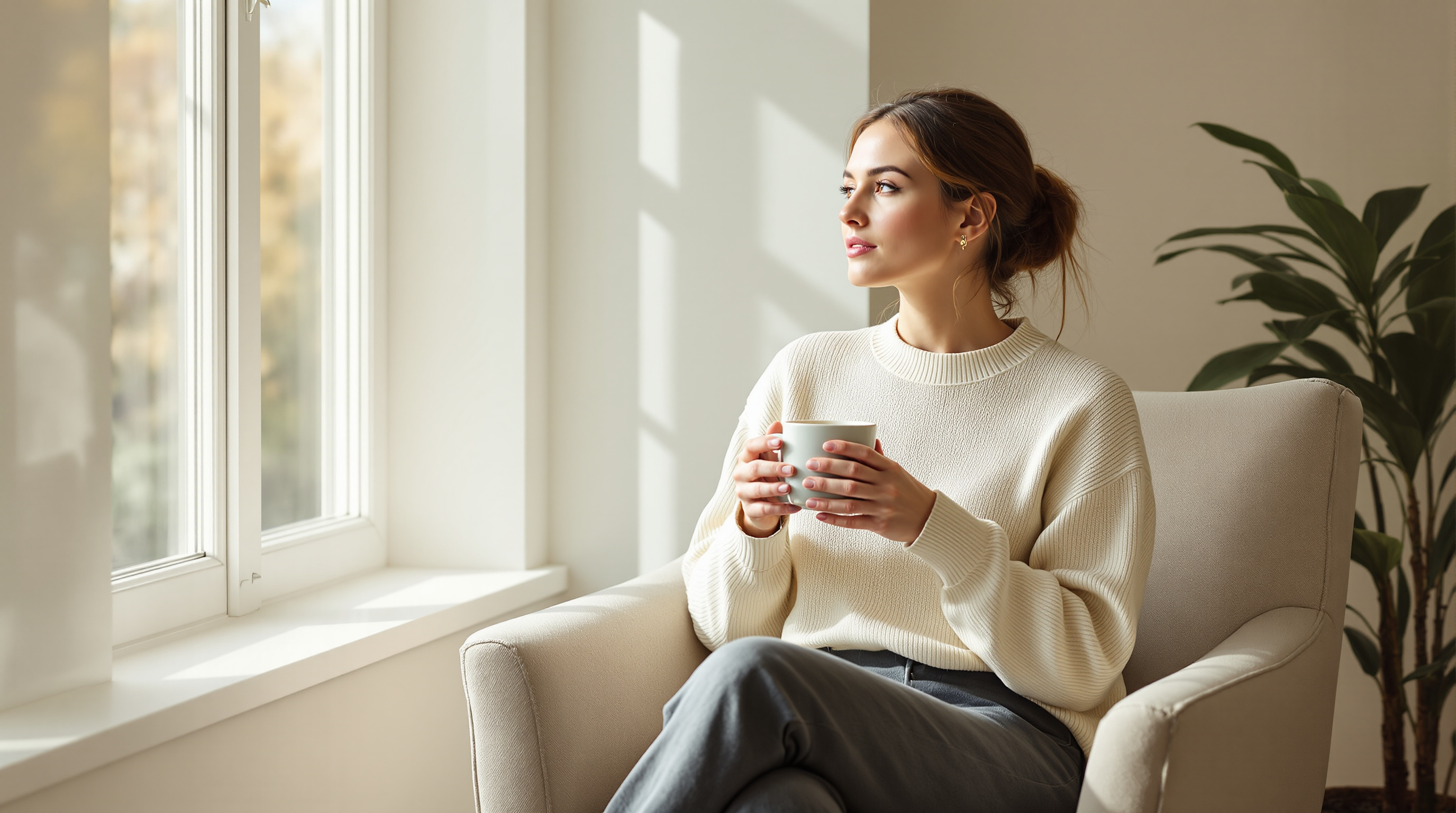 A woman in a cream jumper and charcoal trousers sits with a mug beside a sunlit window in the morning
