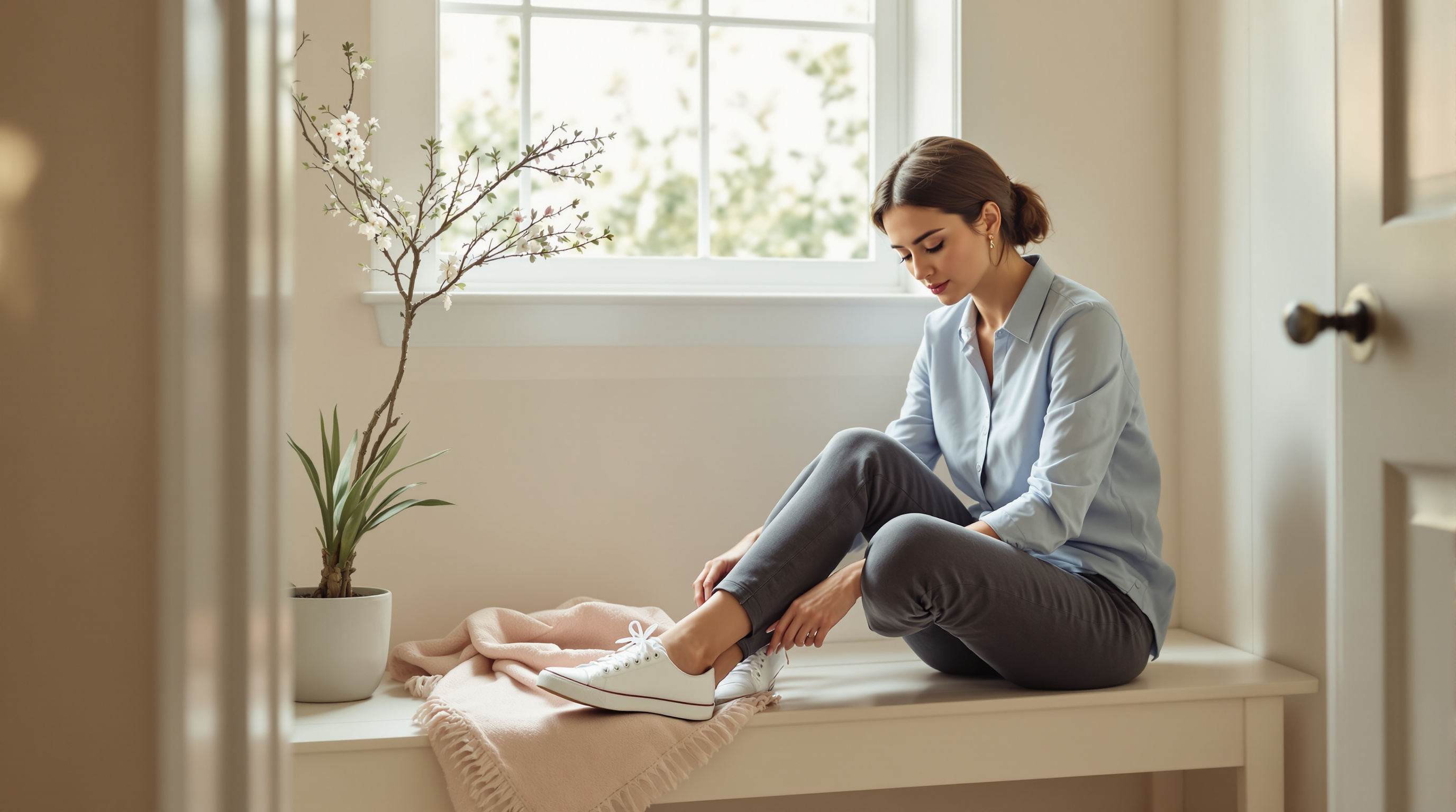 A woman in a blue shirt and charcoal trousers sits on an entryway bench to lace a sneaker