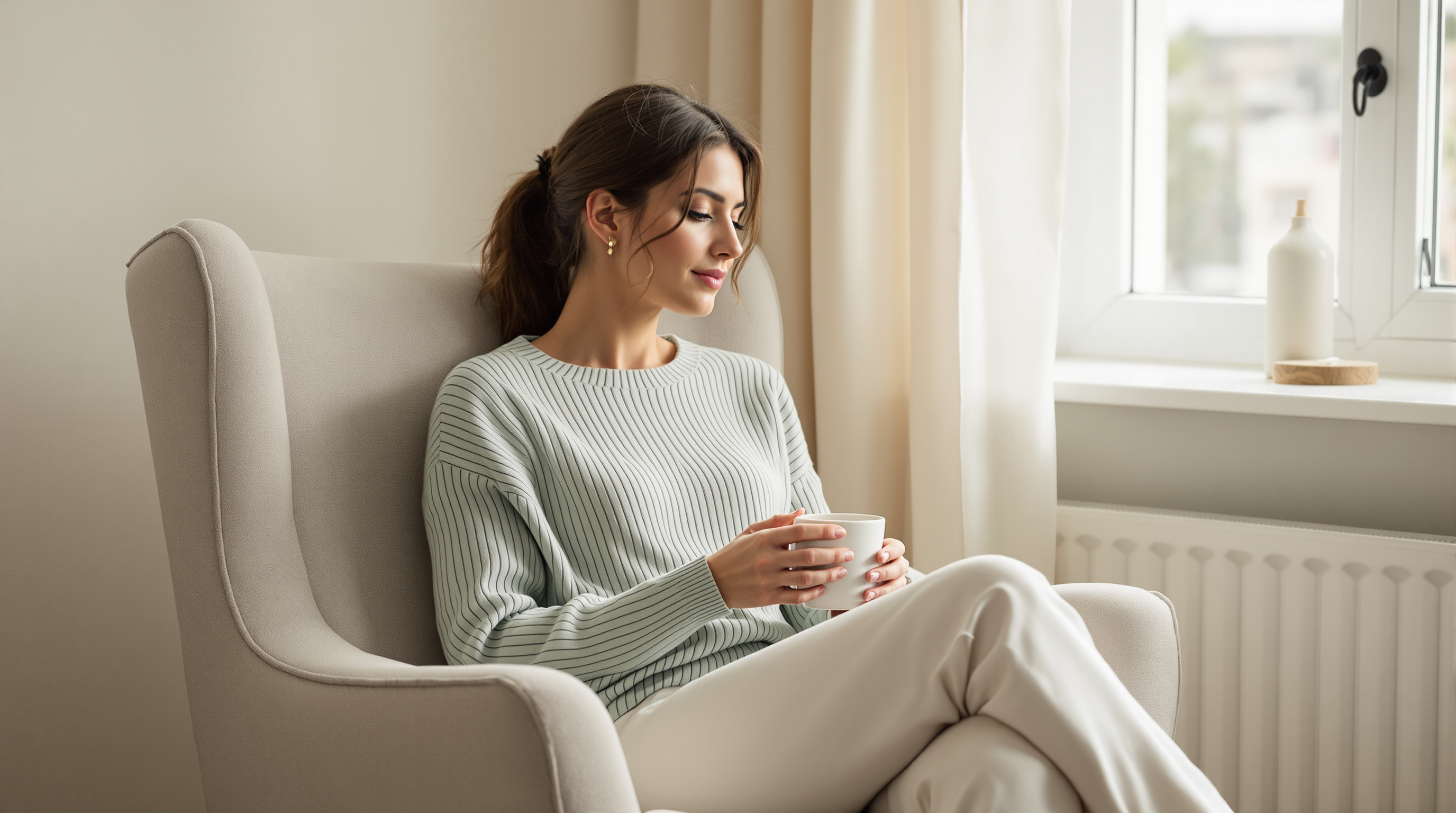 A woman in a sage knit top rests in an armchair with a mug by a window