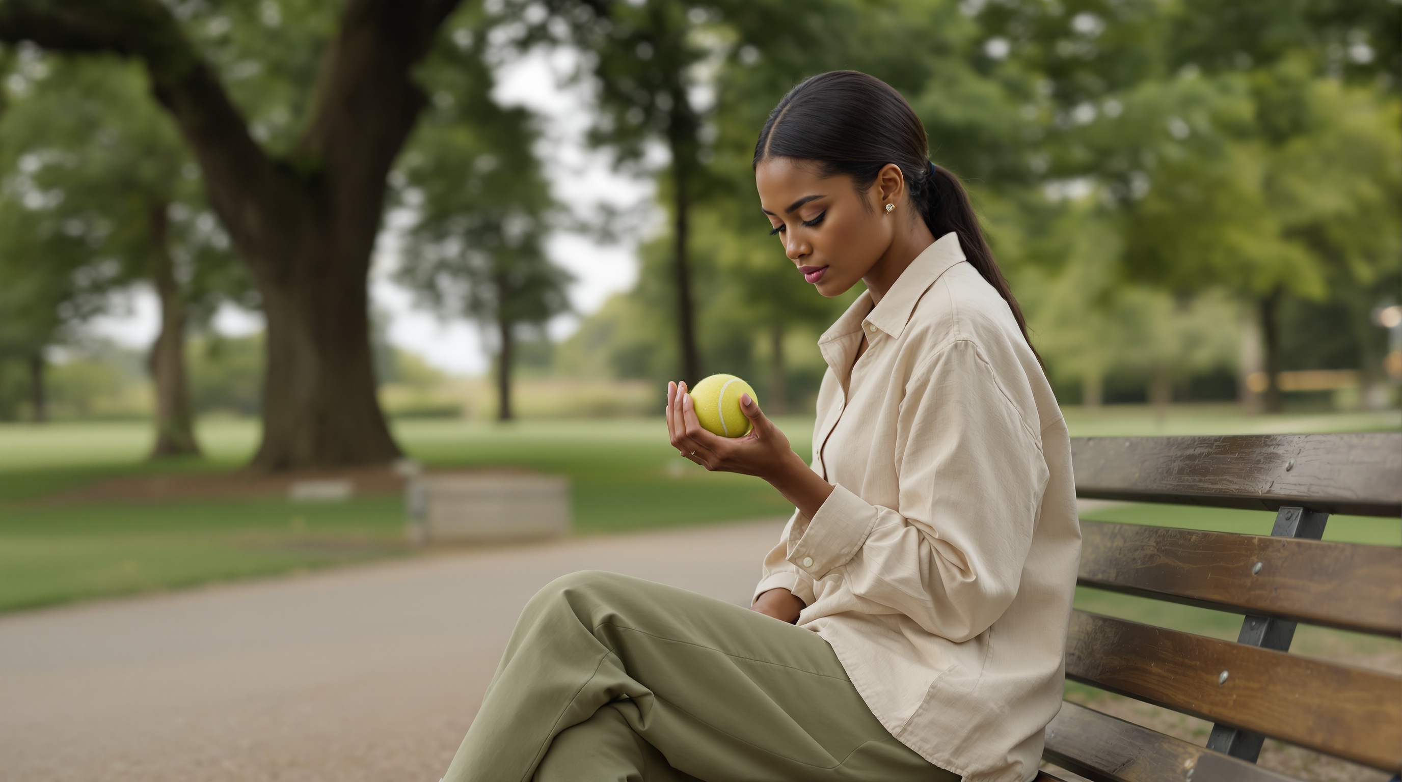 A woman sits on a park bench under trees holding a tennis ball