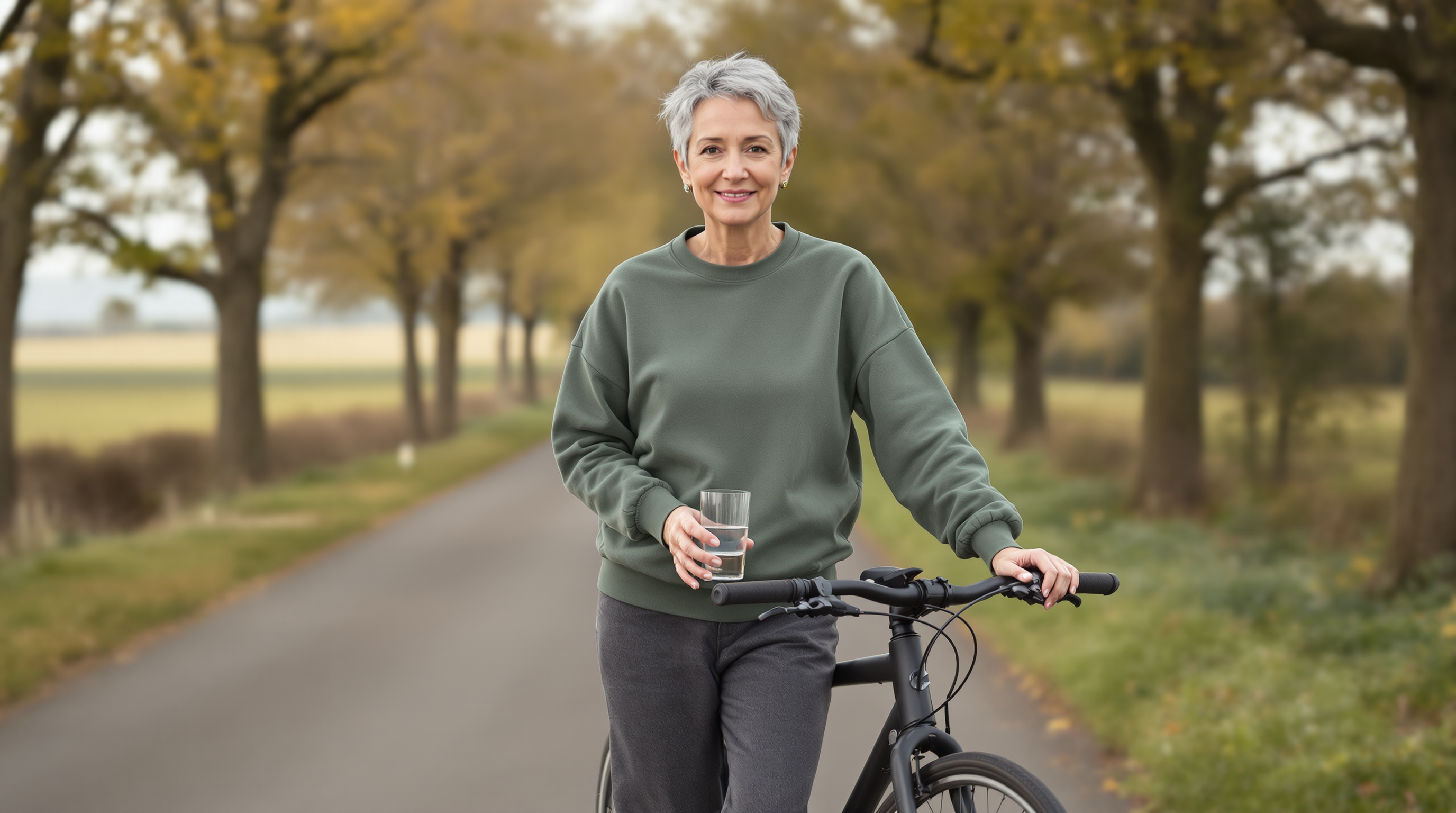 A woman stands beside a bicycle in a quiet lane with a glass of water