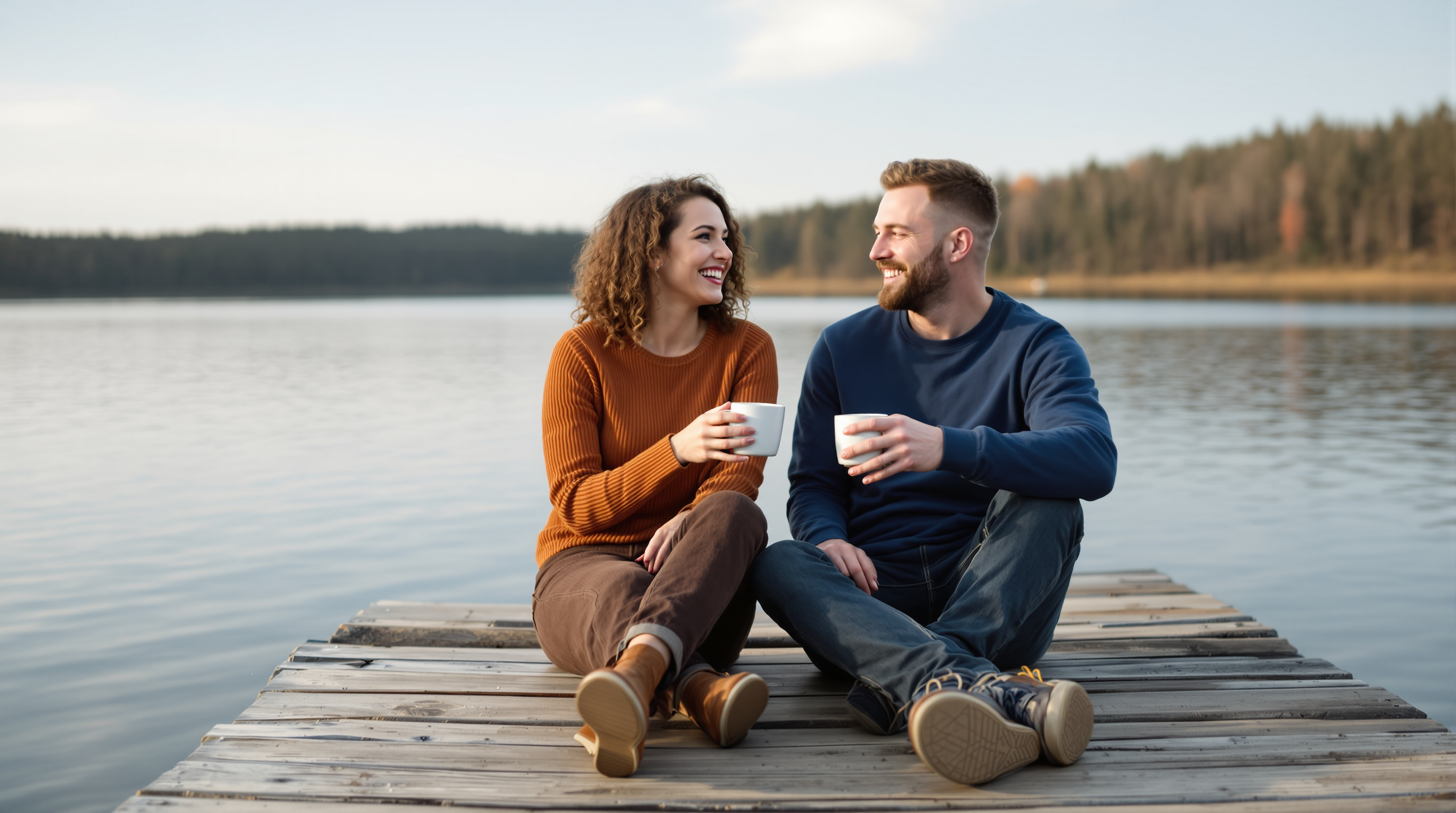 Two friends sit together at the end of a lakeside dock with a plain mug