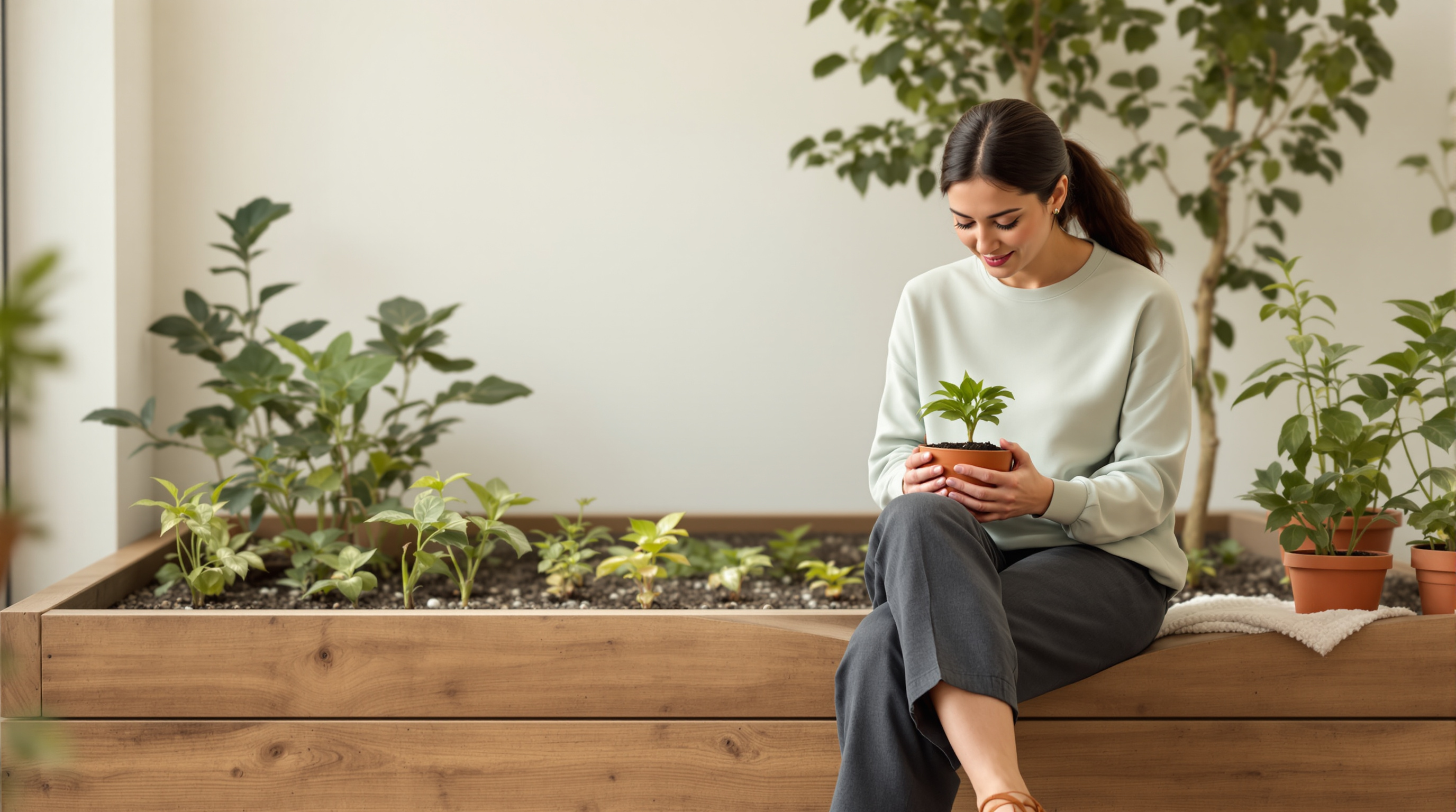 A woman in a sage shirt and charcoal trousers sits beside a raised garden bed with a small pot of seedlings in her lap