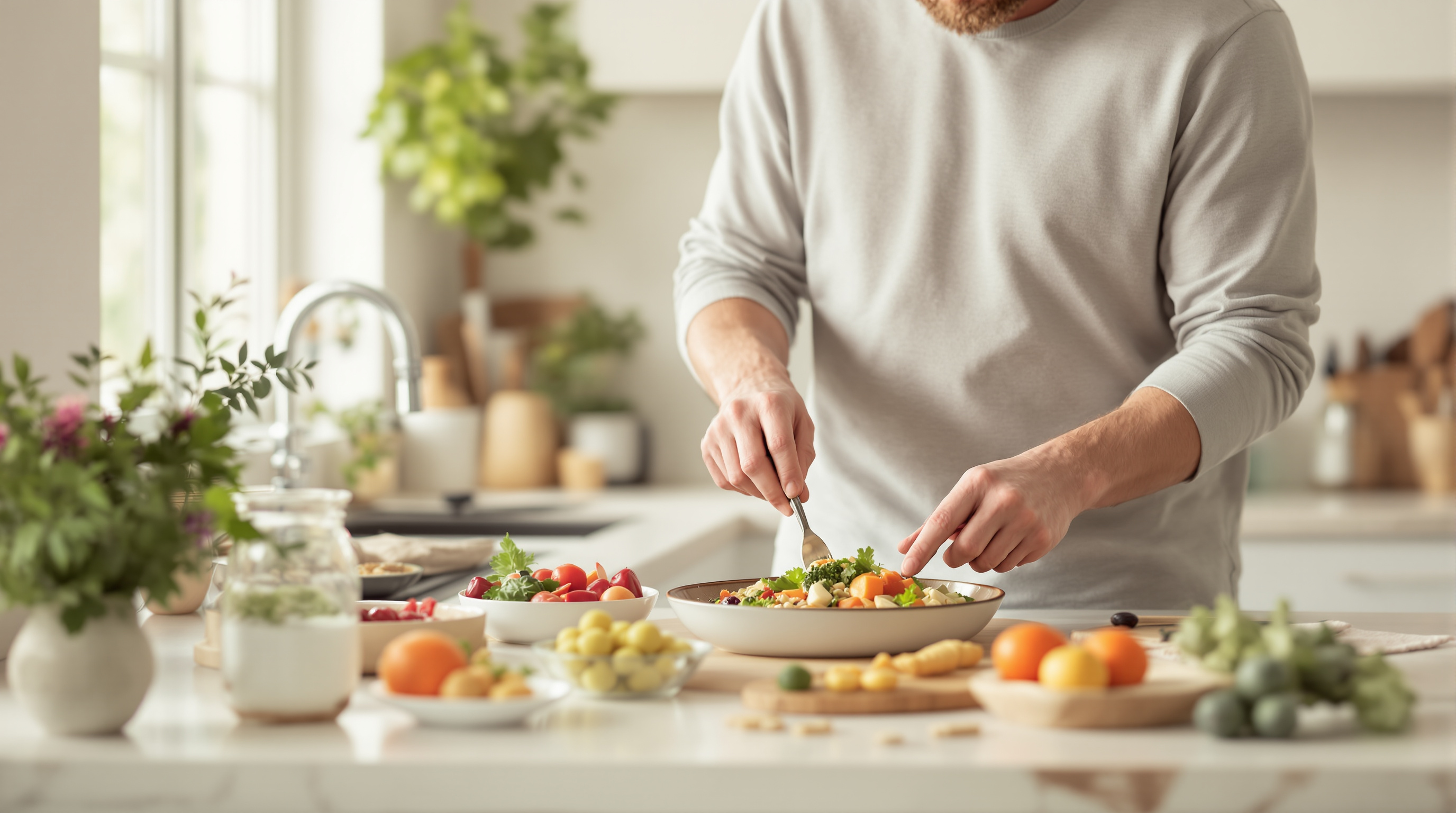 A man prepares a light, colorful meal of vegetables and grains at a stone kitchen counter in soft morning light