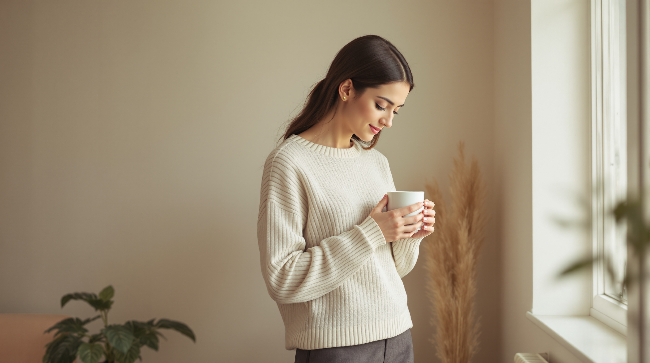 A woman in a cream sweater holds a ceramic mug by a quiet window in soft morning light